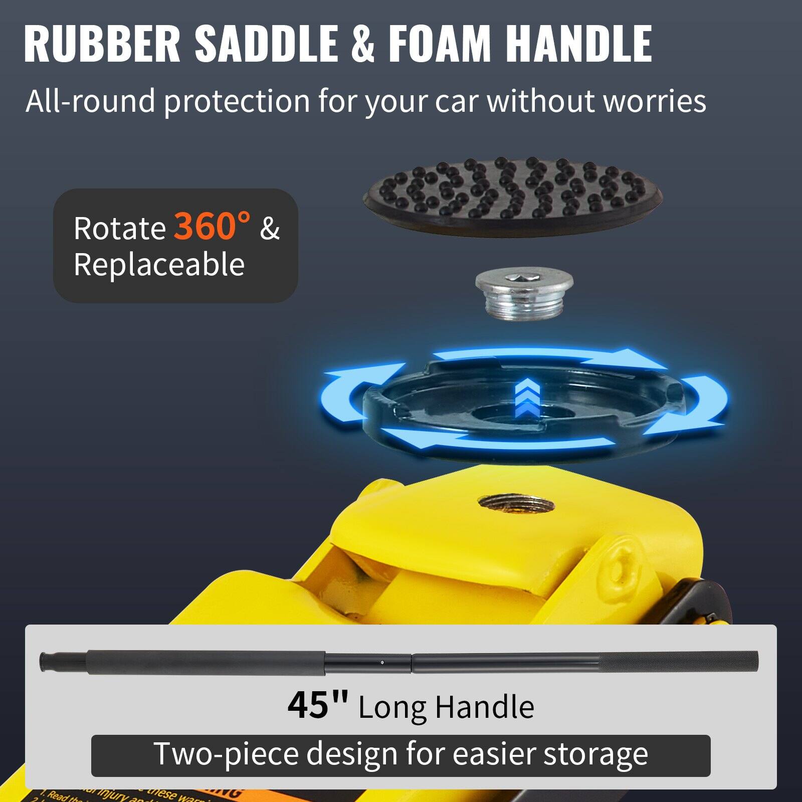 RUBBER SADDLE & FOAM HANDLE  
All-round protection for your car without worries  

Rotate 360° & Replaceable  

45" Long Handle  
Two-piece design for easier storage