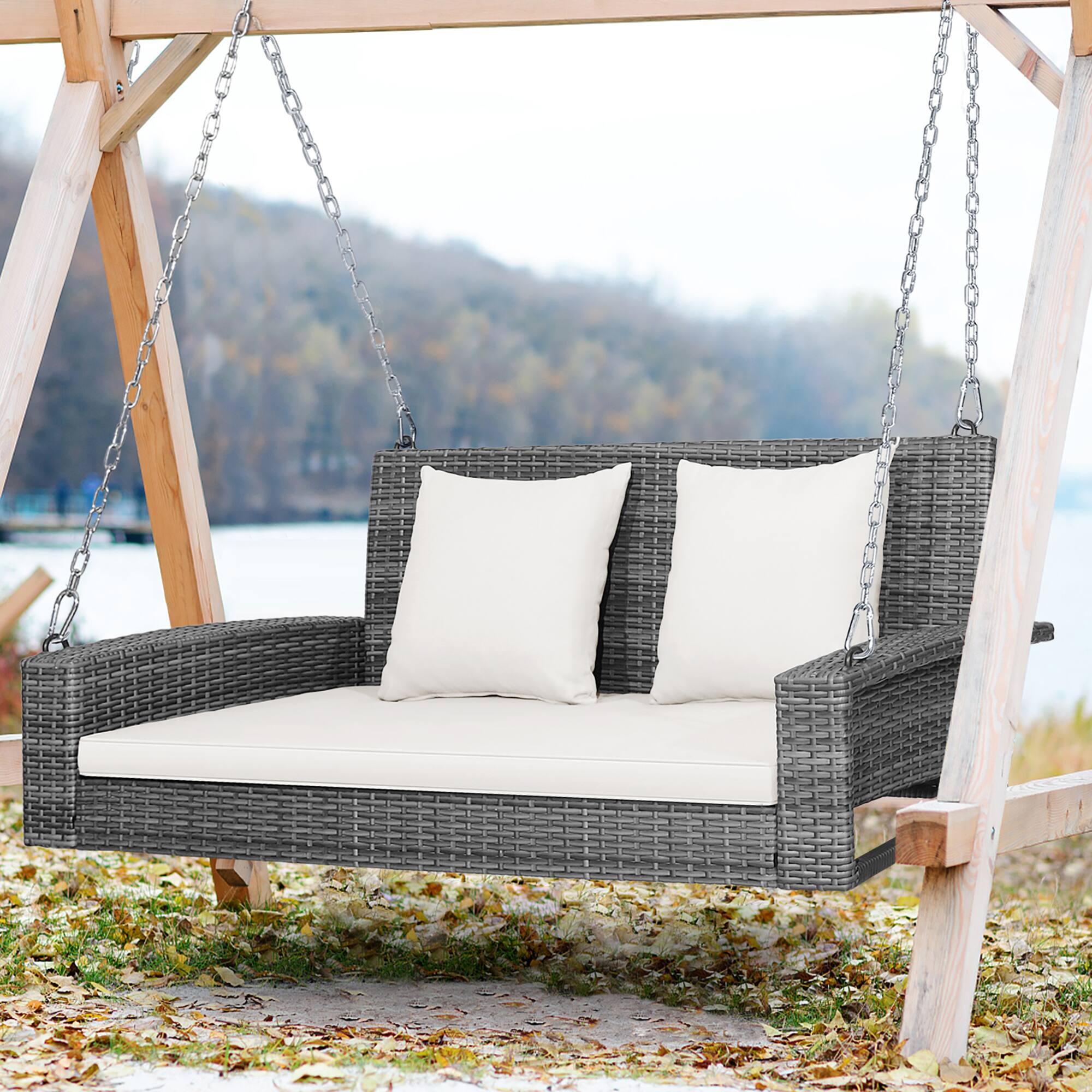 Alt View 1. Costway - Costway 2-Person Patio PE Wicker Hanging Porch Swing Bench Chair with Cushion - Off White.
