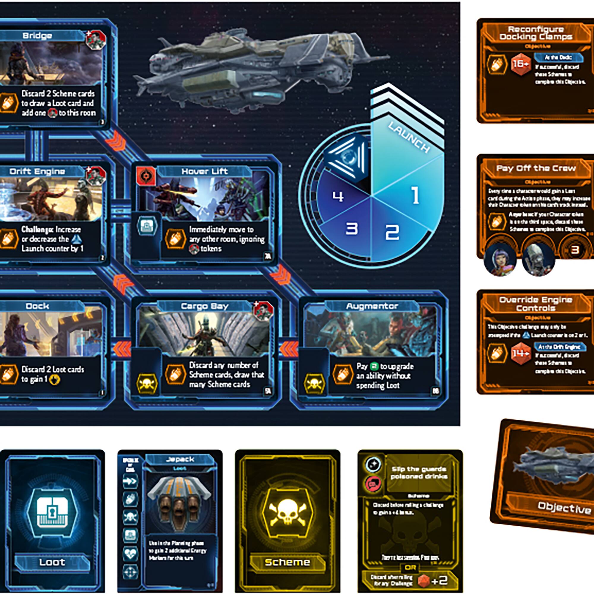The image features a card game with various cards and instructions. The cards are grouped under different categories, such as "Launch," "Dock," "Discard," "Pay off the Crew," and "Objective." The instructions on the cards are written in a foreign language, but they are accompanied by English translations.

The game appears to involve strategic decisions, such as discarding cards to draw Loot cards or using specific cards to increase or decrease the Launch counter. The cards also have different effects, such as increasing or decreasing the Launch counter, gaining or discarding Scheme cards, or upgrading abilities without spending Loot. The game seems to be a complex and engaging experience for players.