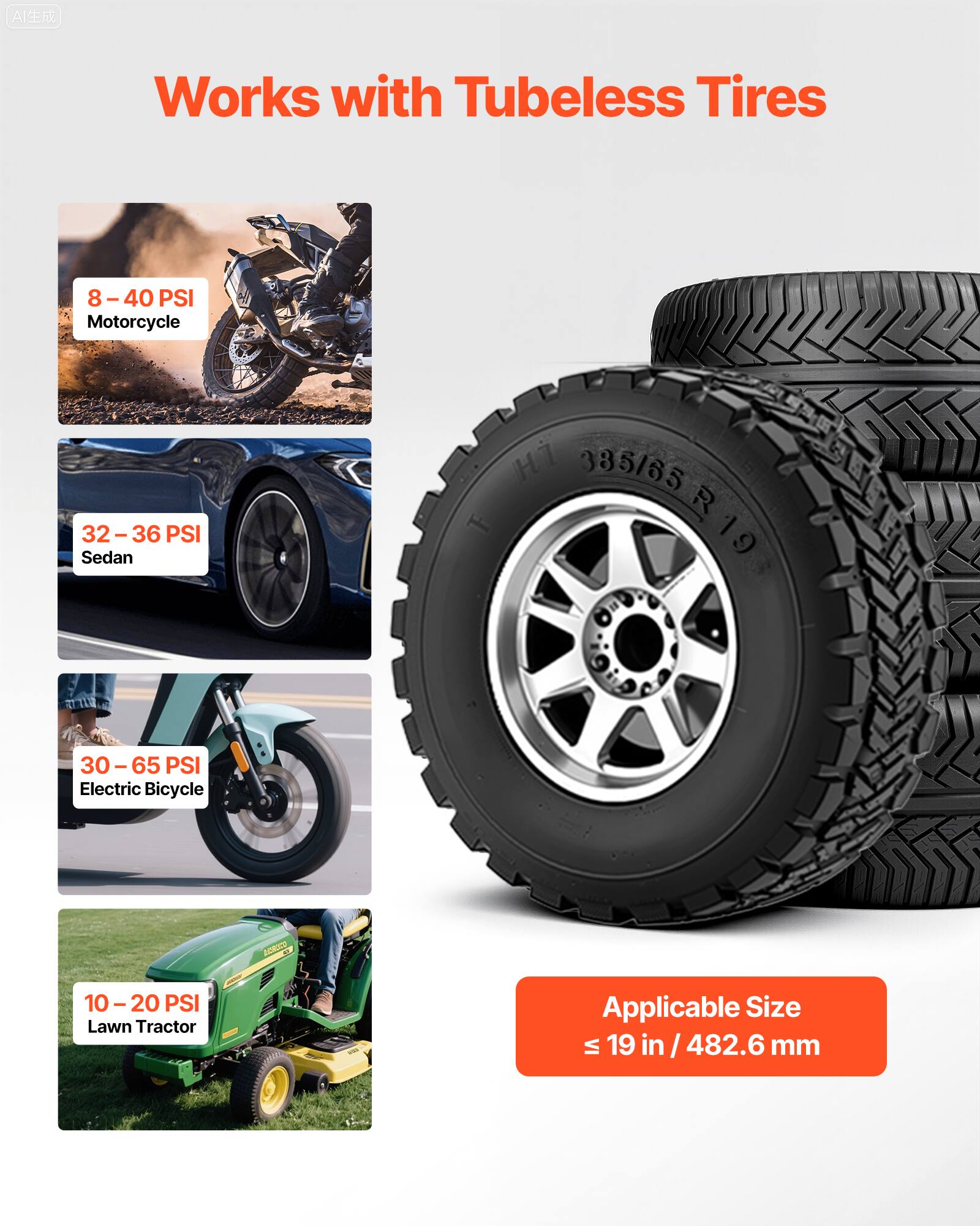 AI Works with Tubeless Tires

- Motorcycle: 8 - 40 PSI
- Sedan: 32 - 36 PSI
- Electric Bicycle: 30 - 65 PSI
- Lawn Tractor: 10 - 20 PSI

Applicable Size: ≤ 19 in / 482.6 mm