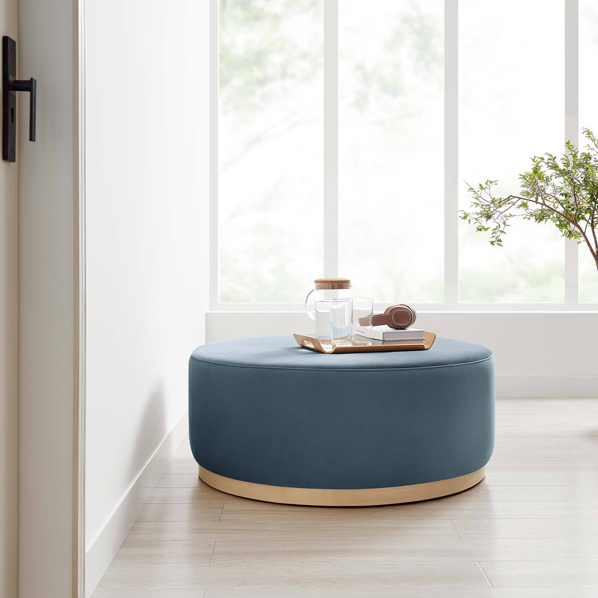 Tilden Large 38" Round Performance Velvet Upholstered Ottoman by Modway - Cadet Blue Natural