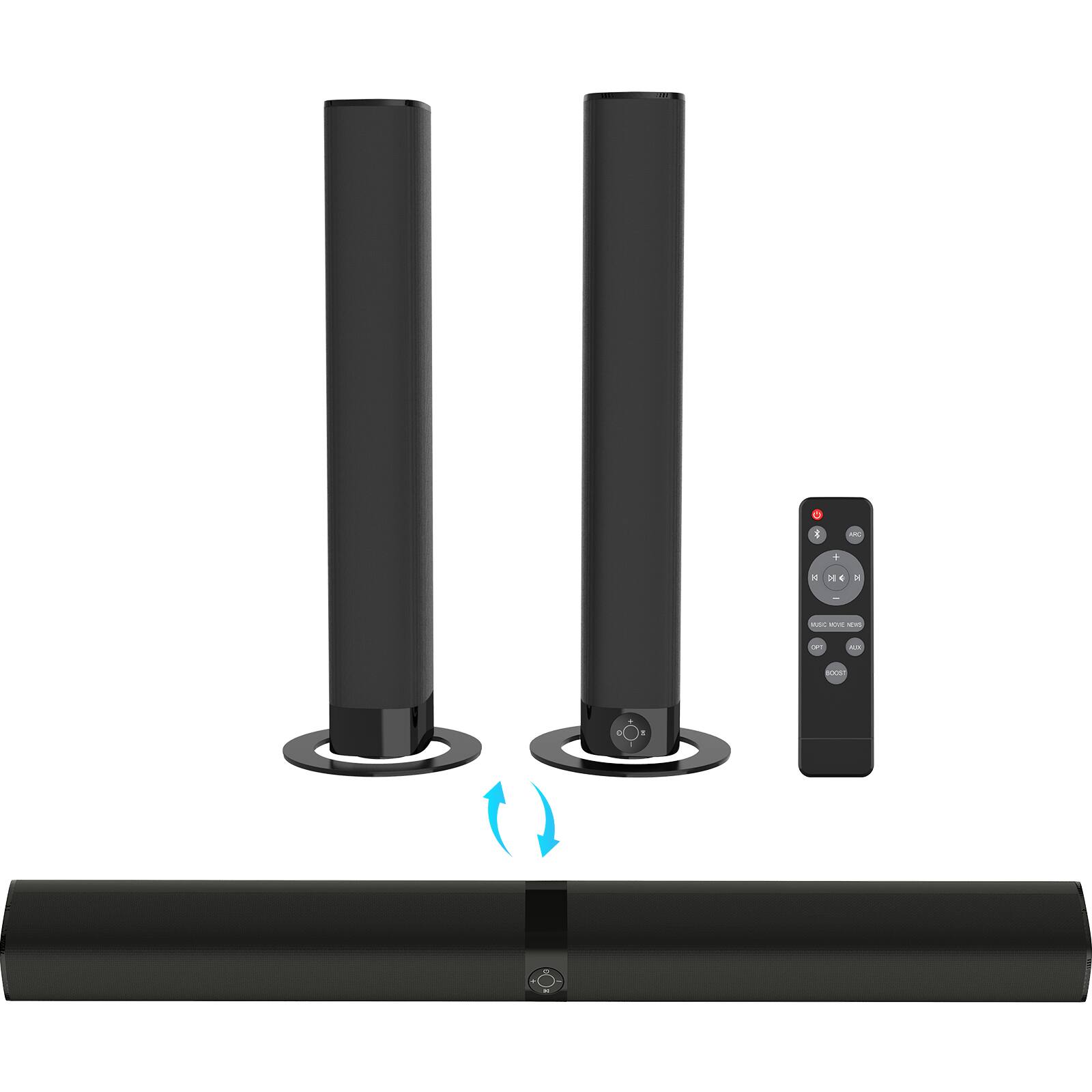 Angle. MOVSSOU - Bluetooth Soundbar Auto Volume Boost 2 in 1 Separable Bluetooth/ARC/Opt/AUX Connect Soundbar - black.