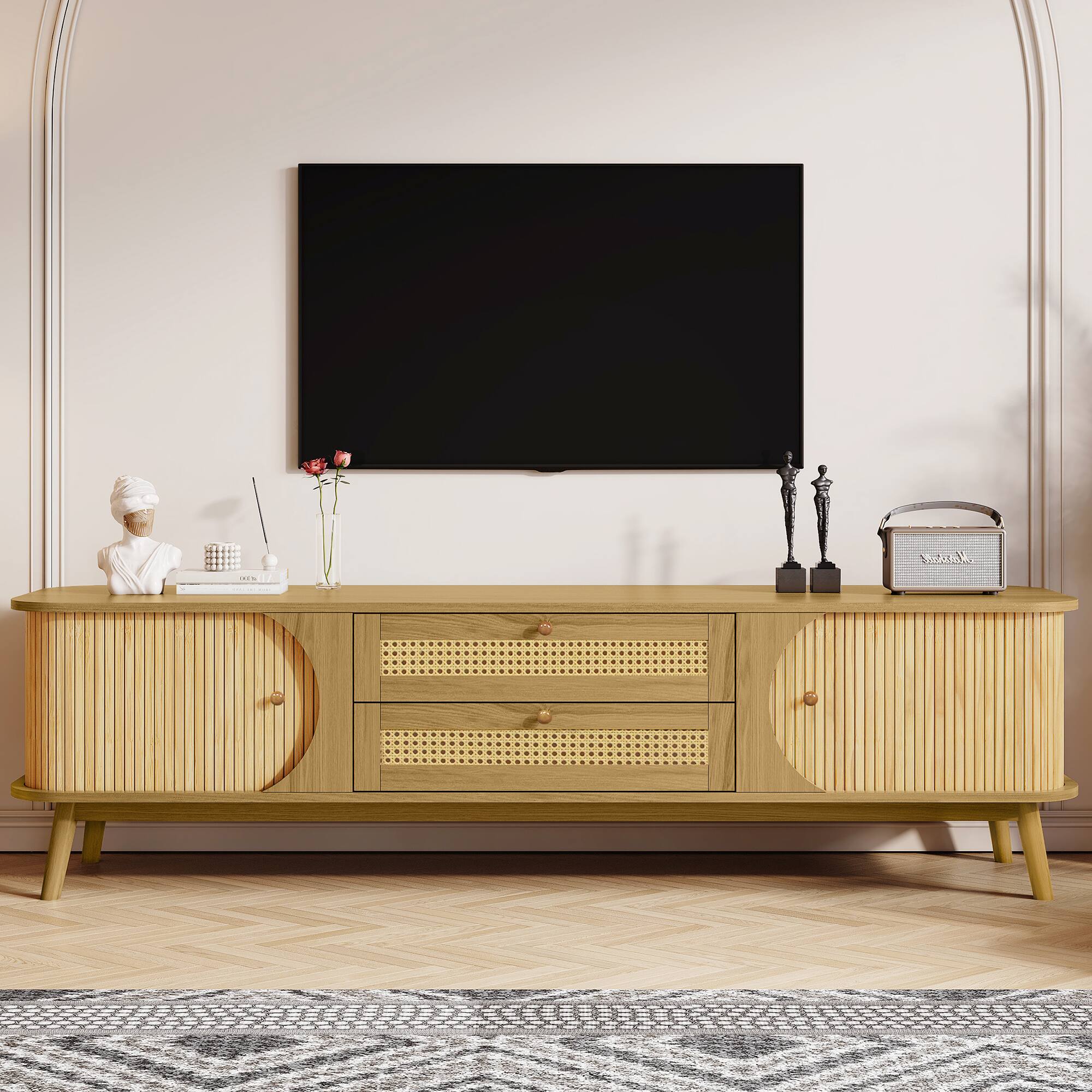 Angle. Z-Edge - Mid Century TV Stand for TVs up to 75 Inches, Entertainment Center with 2 Drawers, Fluted Sliding Doors for Living Room - Natural.