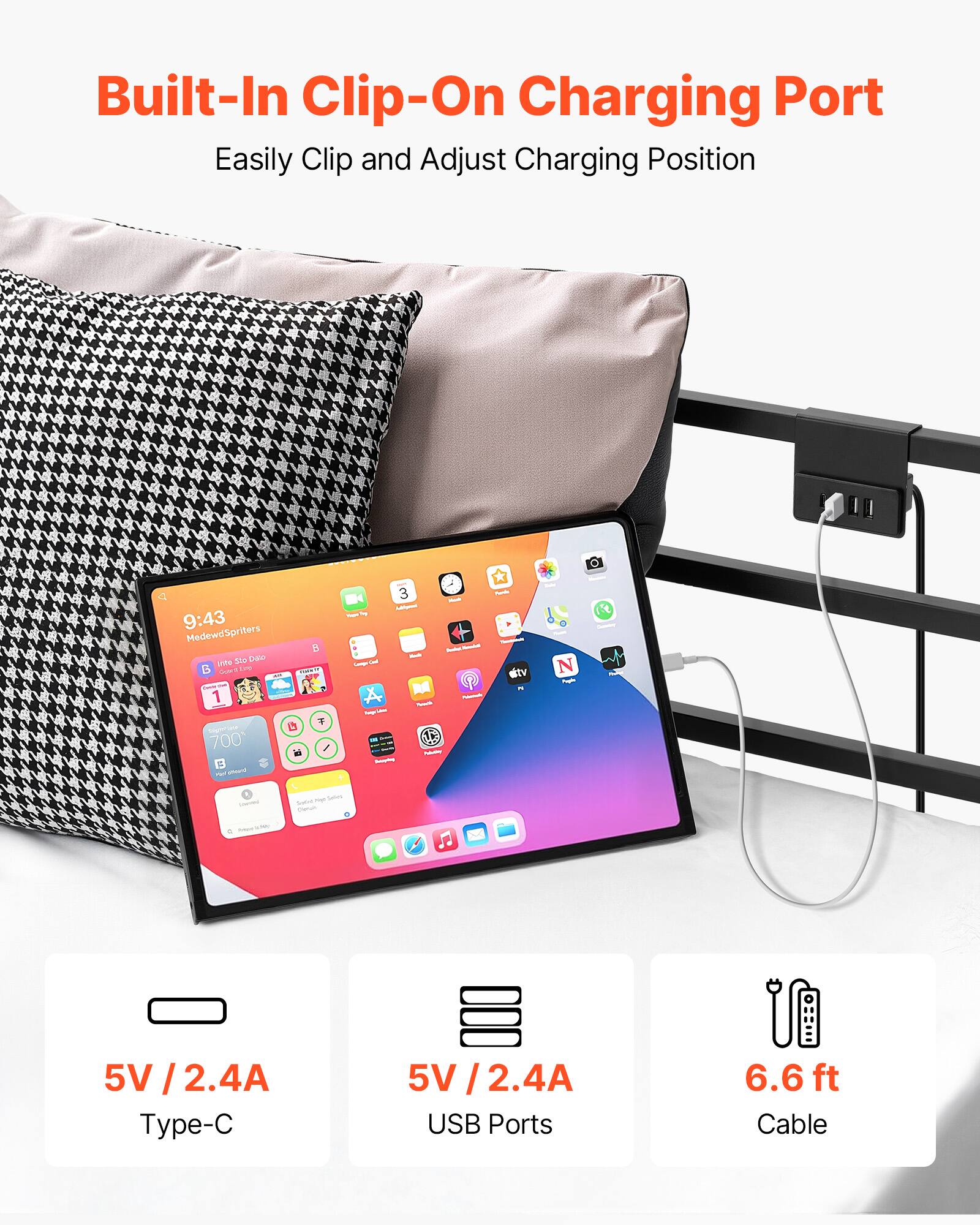 Built-In Clip-On Charging Port  
Easily Clip and Adjust Charging Position  

9:43  
MedewdSpriters  

5V / 2.4A  
Type-C  

5V / 2.4A  
USB Ports  

6.6 ft  
Cable