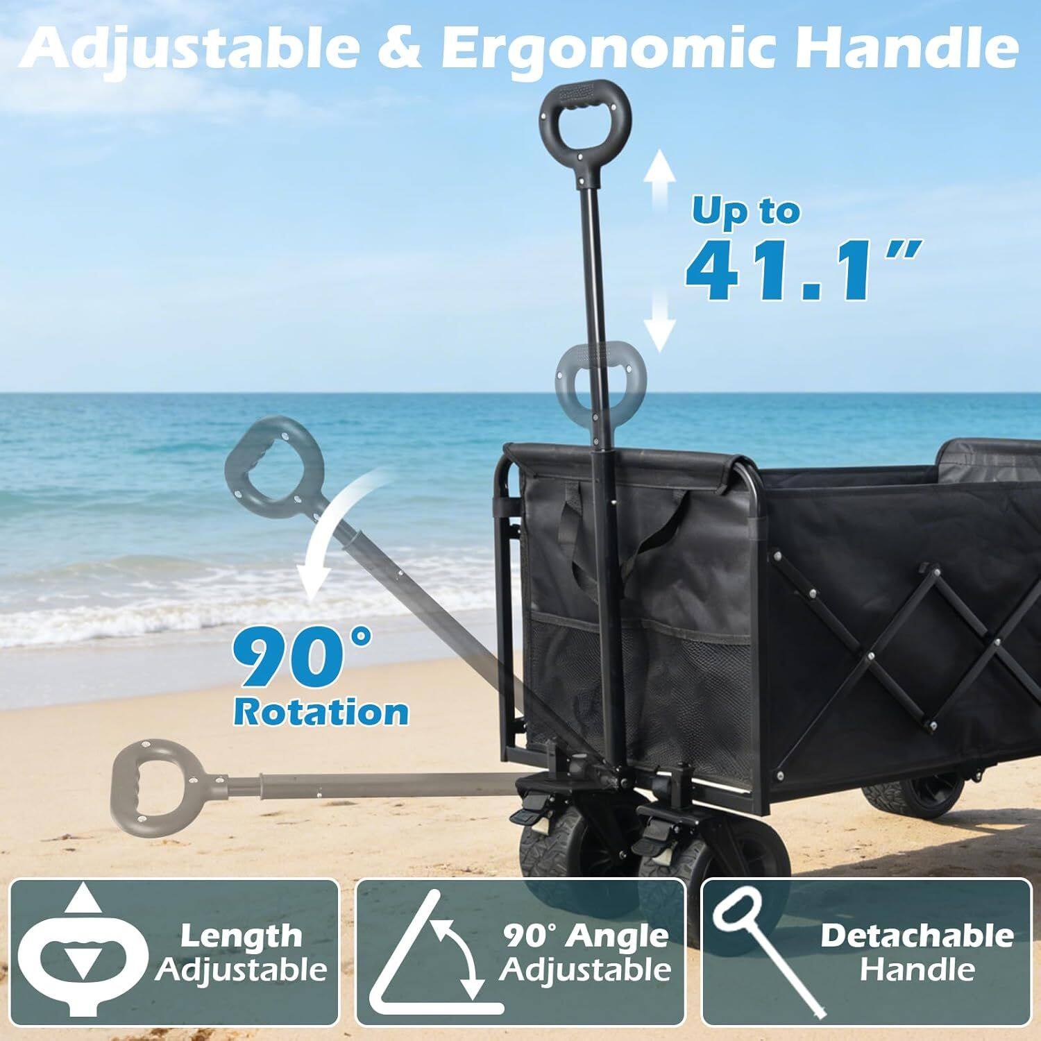 Adjustable & Ergonomic Handle  
Up to 41.1"  
90° Rotation  
Length Adjustable  
90° Angle Adjustable  
Detachable Handle