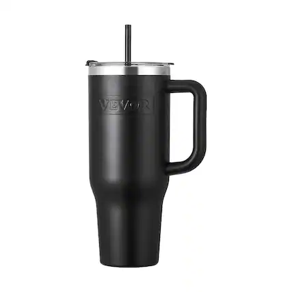 Front. VEVOR - 40 oz Insulated Water Bottle, Stainless Steel Sports Coffee Cup with Lid, Handheld Travel Coffee Mug Double Walled - Black Body, Transparent AS Lid.