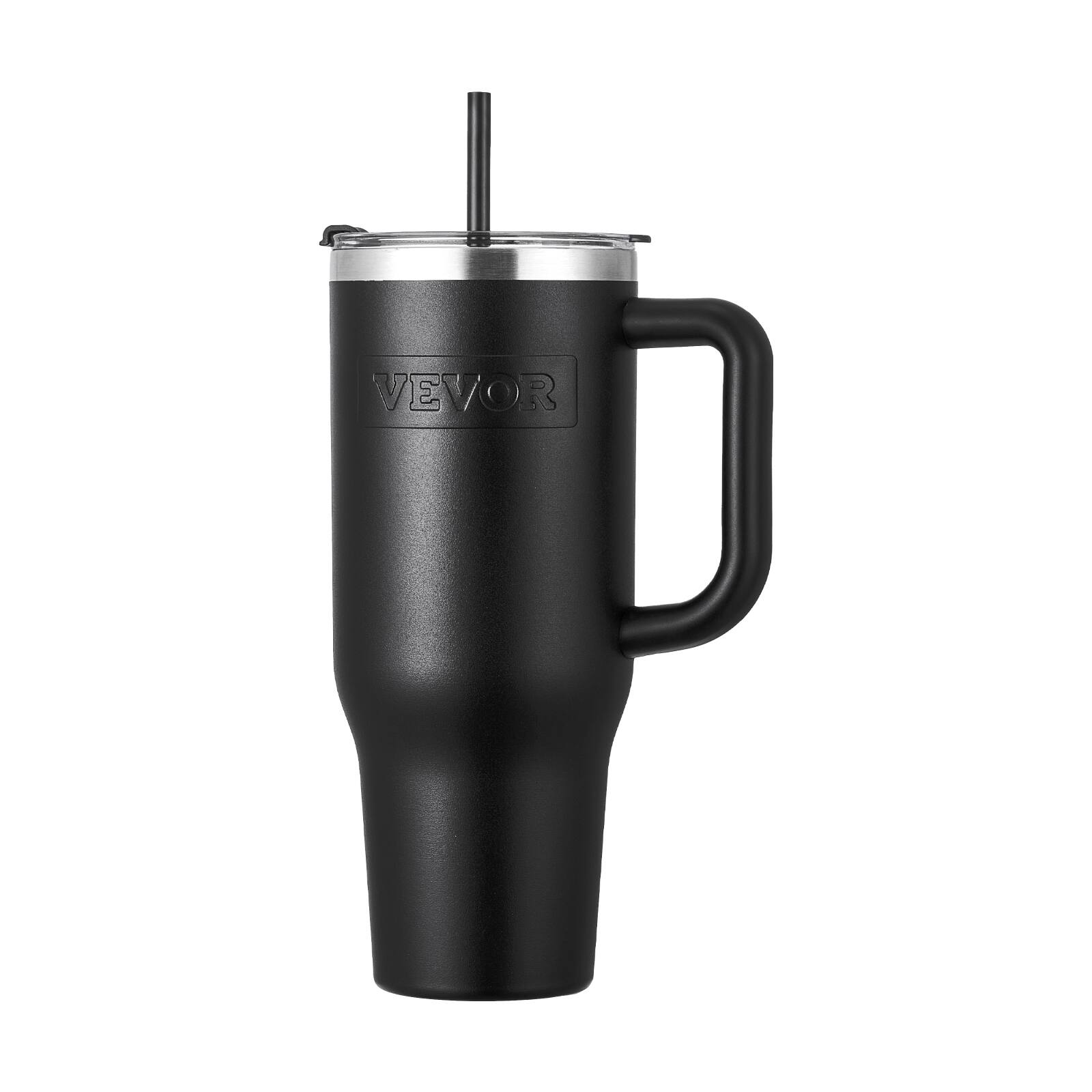 Front. VEVOR - 40 oz Insulated Water Bottle, Stainless Steel Sports Coffee Cup with Lid, Handheld Travel Coffee Mug Double Walled - Black Body, Transparent AS Lid.