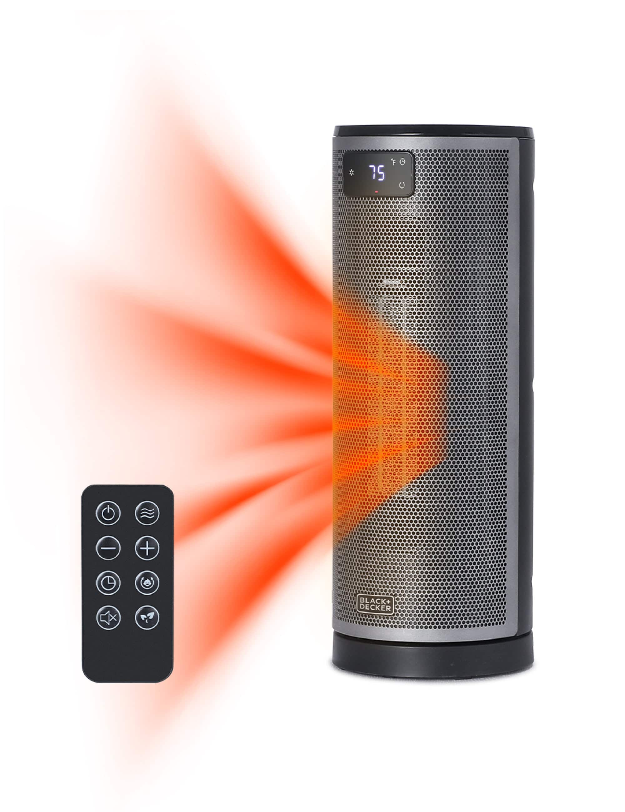 Black+Decker - Ceramic Oscillating Tower Heater with Remote Control, Space Heater with Digital LED Display - Black