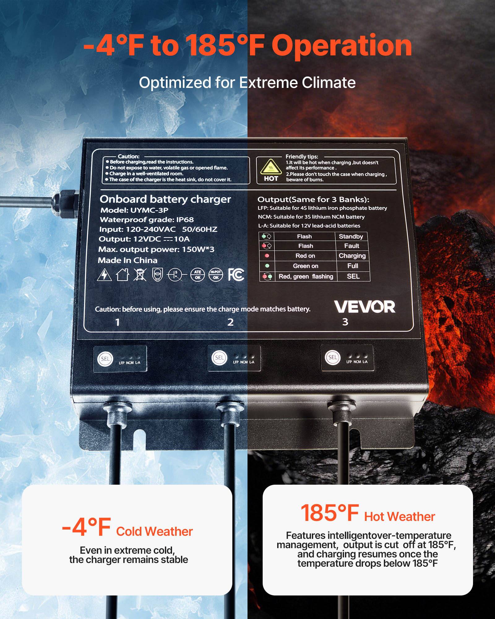 -4°F to 185°F Operation Optimized for Extreme Climate

Caution: Before charging, read the instructions. Do not expose to water, volatile gas, or open flame. Charge in a well-ventilated room. The case of the charger is the heat sink; do not cover it.

Friendly tips:
1. It will be hot when charging, but it doesn't affect its performance.
2. Please don't touch the case when charging; HOT beware of burns.

Onboard battery charger Output (Same for 3 Banks):
- LFP: Suitable for 4S lithium iron phosphate battery
- NCM: Suitable for 3S lithium NCM battery
- L-A: Suitable for 12V lead-acid batteries

Input: 120-240VAC 50/60HZ
Output: 12VDC 10A
Max. output power: 150W*3
Waterproof grade: IP68
Made In China

Red on Charging
Green on Full
ATE POT OK OK FC
Red, green flashing SEL

Caution: before using, please ensure the charge mode matches battery.

-4°F Cold Weather
Even in extreme cold,