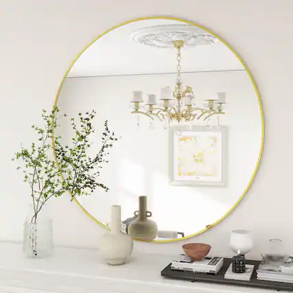 Front. HOMLUX - Round Wall Mirror Gold Aluminum Alloy Frame Circle Wall Mounted for Bathroom Vanity Entryway Bedroom.