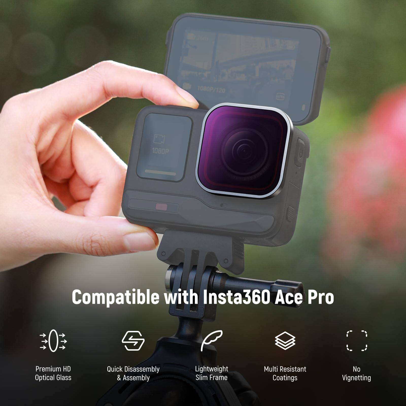 2om 1080P/120 1080P Compatible with Insta360 Ace Pro S Premium HD Optical Glass Quick Disassembly & Assembly Lightweight Slim Frame Multi Resistant Coatings No Vignetting
