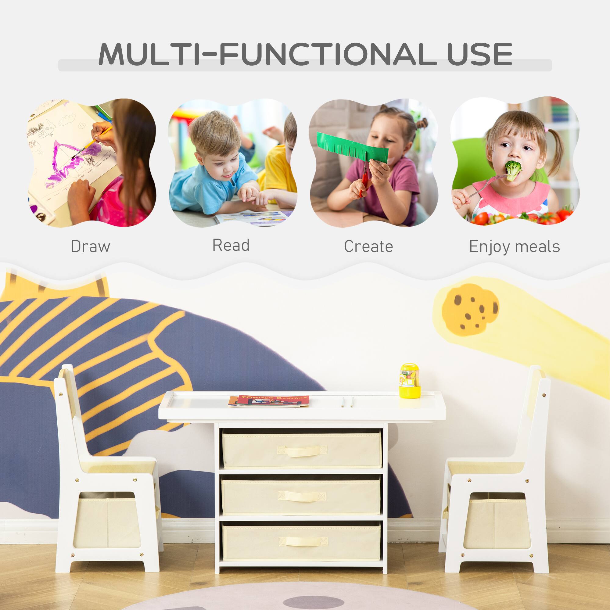MULTI-FUNCTIONAL USE

Draw  
Read  
Create  
Enjoy meals