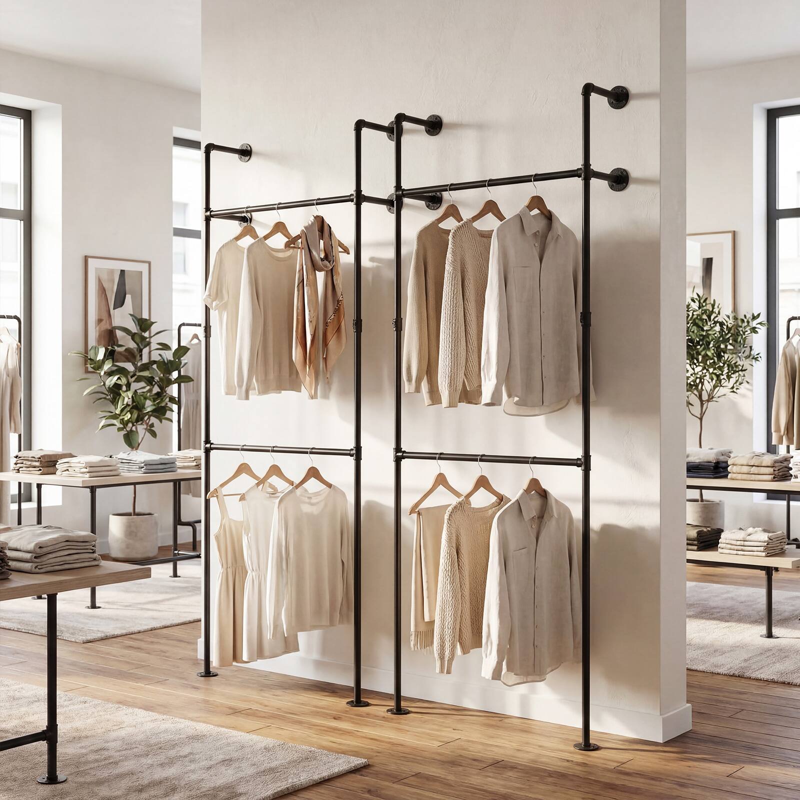 Alt View 8. Gymax - Gymax Industrial Pipe Clothing Rack Wall Mounted Heavy-Duty Metal Garment Organizer - Black.