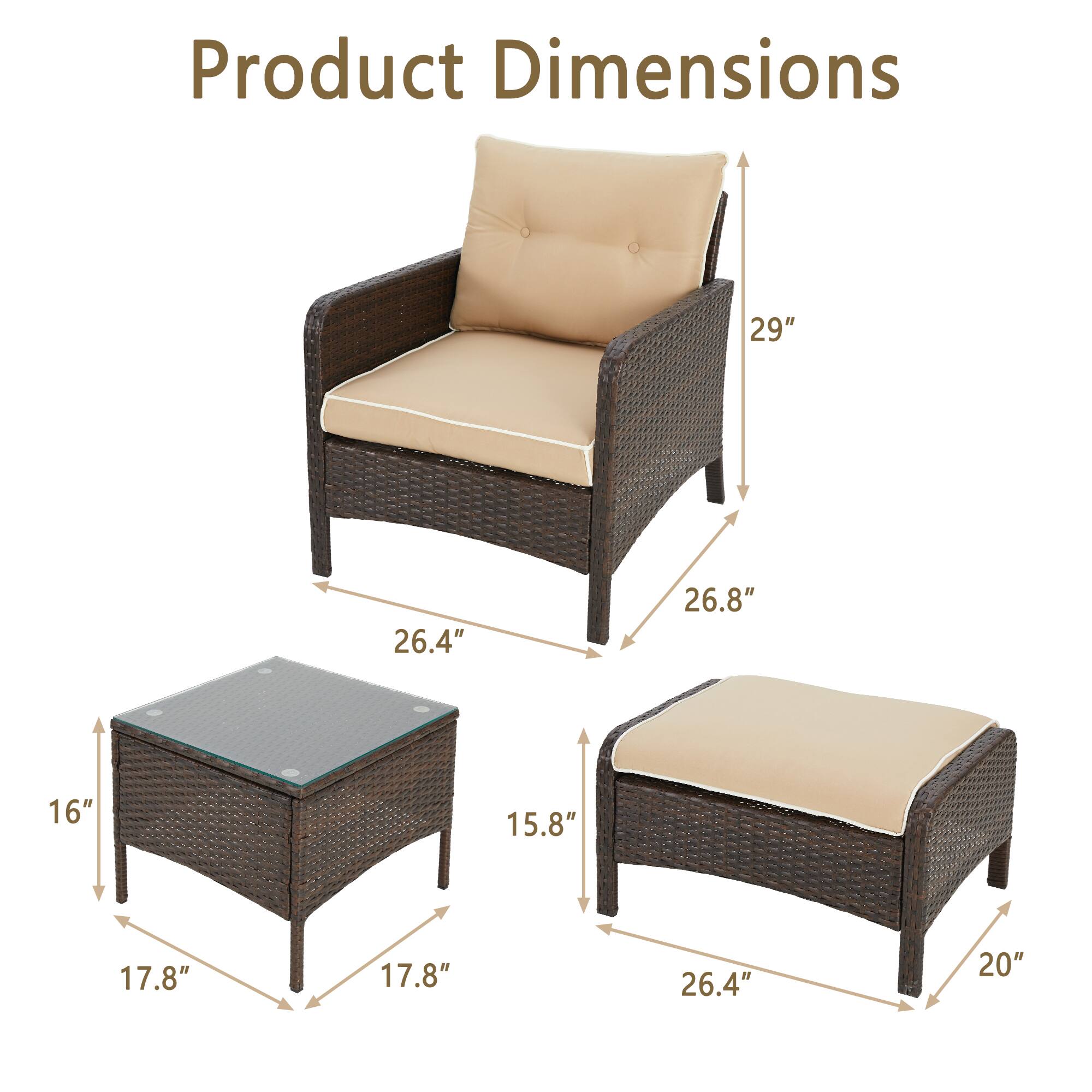 Product Dimensions

- Chair: 29" H x 26.4" W x 26.8" D
- Ottoman: 26.4" W x 15.8" D x 20" H
- Table: 17.8" W x 17.8" D x 16" H