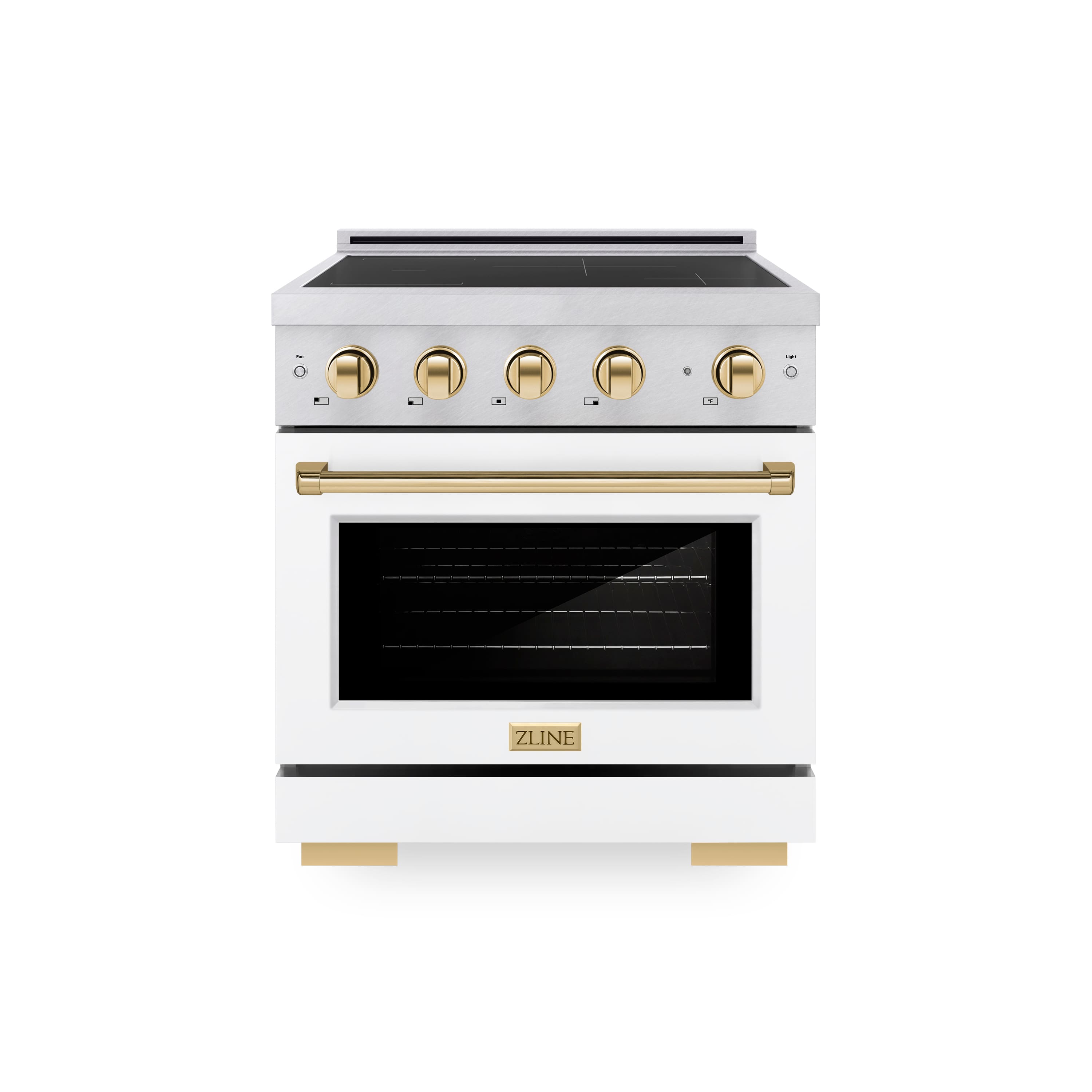 Front. ZLINE - 30 in. Wide 4 Elements Autograph 4.2 Cu.Ft. Paramount Freestanding Induction Range in Satin Steel with Gold Accents - Matte White.