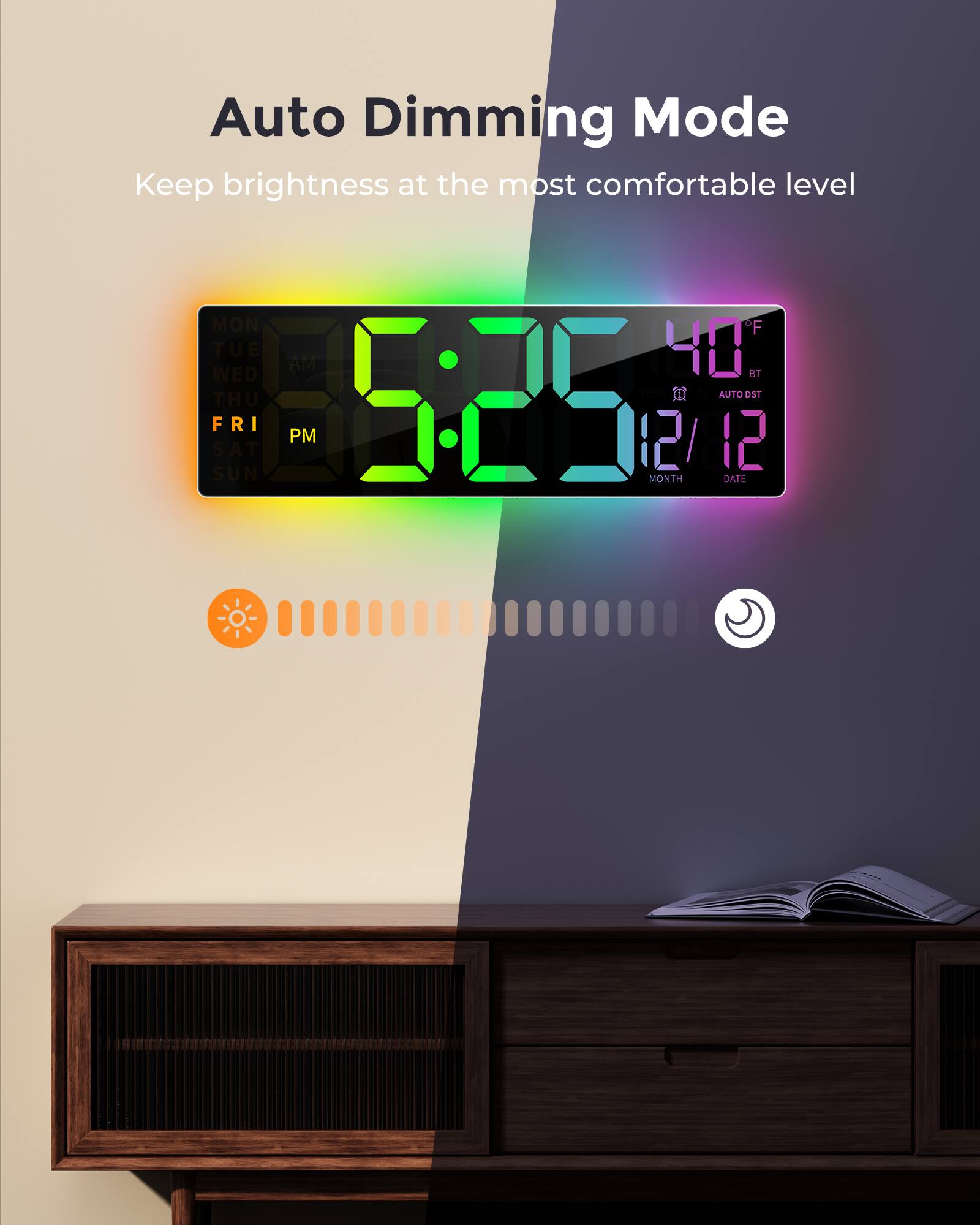 Auto Dimming Mode  
Keep brightness at the most comfortable level  

MON WED TUE AM  
BT e 0 de AUTO 01  
THU 525  
FRI PM 12/12  
SAT SUN MONTH DATE