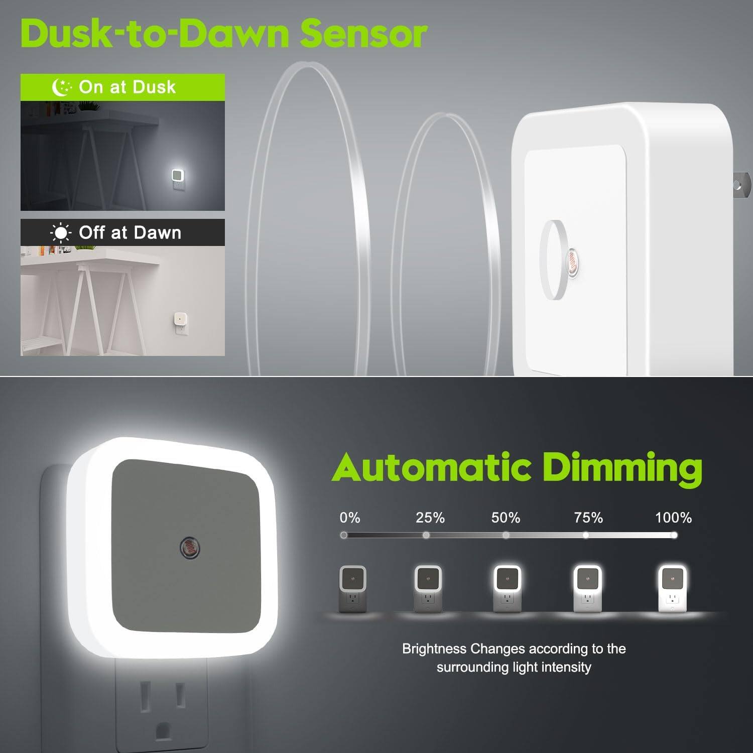 Dusk-to-Dawn Sensor  
On at Dusk  
Off at Dawn  

Automatic Dimming  
0% 25% 50% 75% 100%  
Brightness Changes according to the surrounding light intensity