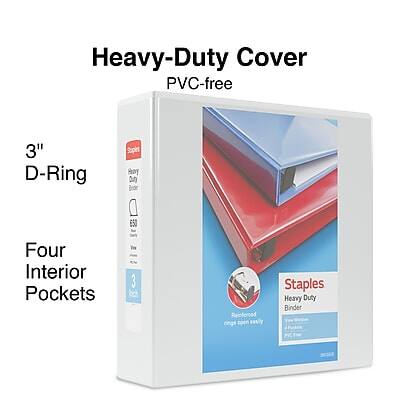 Heavy-Duty Cover  
PVC-free  

3" D-Ring  

Four Interior Pockets  

Staples  
Heavy Duty Binder  

Extra thick, durable  
Heavy-Duty Binder