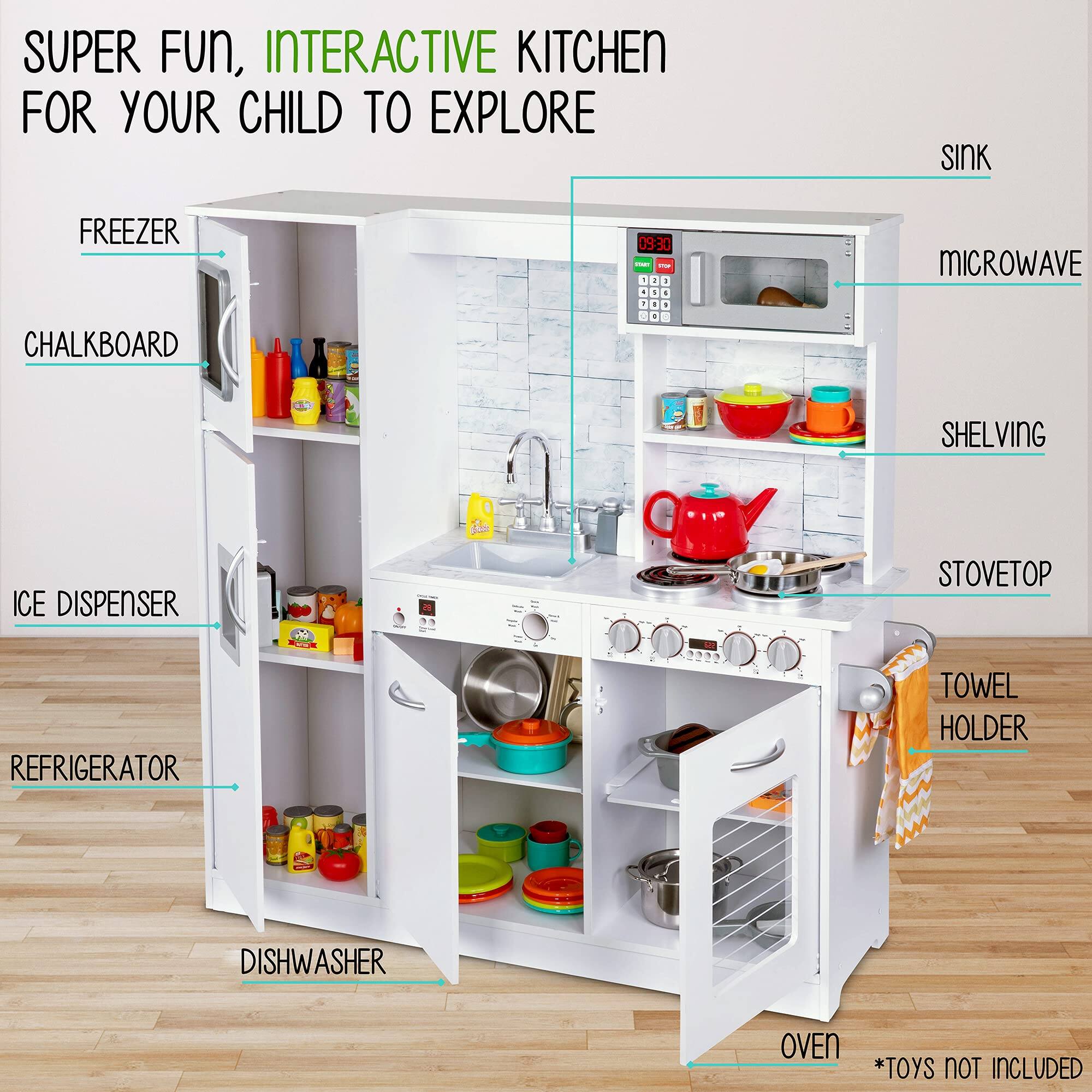 SUPER FUN, INTERACTIVE KITCHEN FOR YOUR CHILD TO EXPLORE

SINK
FREEZER
MICROWAVE
CHALKBOARD
SHELVING
ICE DISPENSER
STOVETOP
REFRIGERATOR
TOWEL HOLDER
DISHWASHER
OVEN
*TOYS NOT INCLUDED