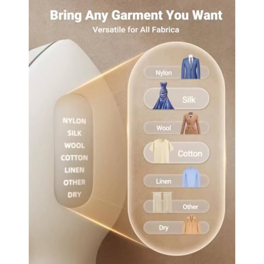 Bring Any Garment You Want  
Versatile for All Fabrics  

- Nylon  
- Silk  
- Wool  
- Cotton  
- Linen  
- Other  
- Dry  

NYLON  
SILK  
WOOL  
COTTON  
LINEN  
OTHER  
DRY