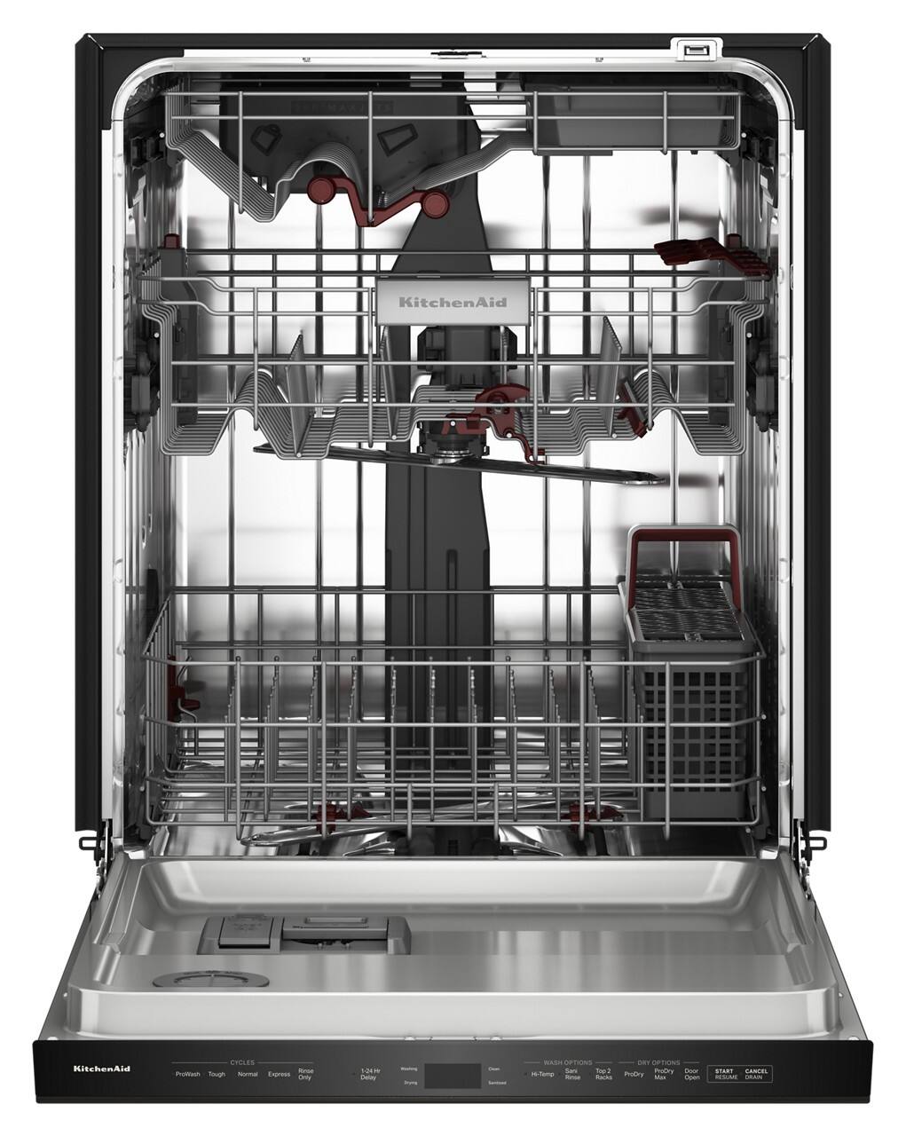 KitchenAid  
ProWash  
Tough  
Normal  
Express  
Rinse Only  
1:24H  
Warming Delay  
Dry  

WASH OPTIONS  
Hi-Temp  
Sanitize  
Top 2 Racks  
ProDry  
Max  

DRY OPTIONS  
ProDry  
Door Open  

CYCLES  
ProWash  
Tough  
Normal  
Express  
Rinse Only  

START  
CANCEL  
RESUME  
DRY