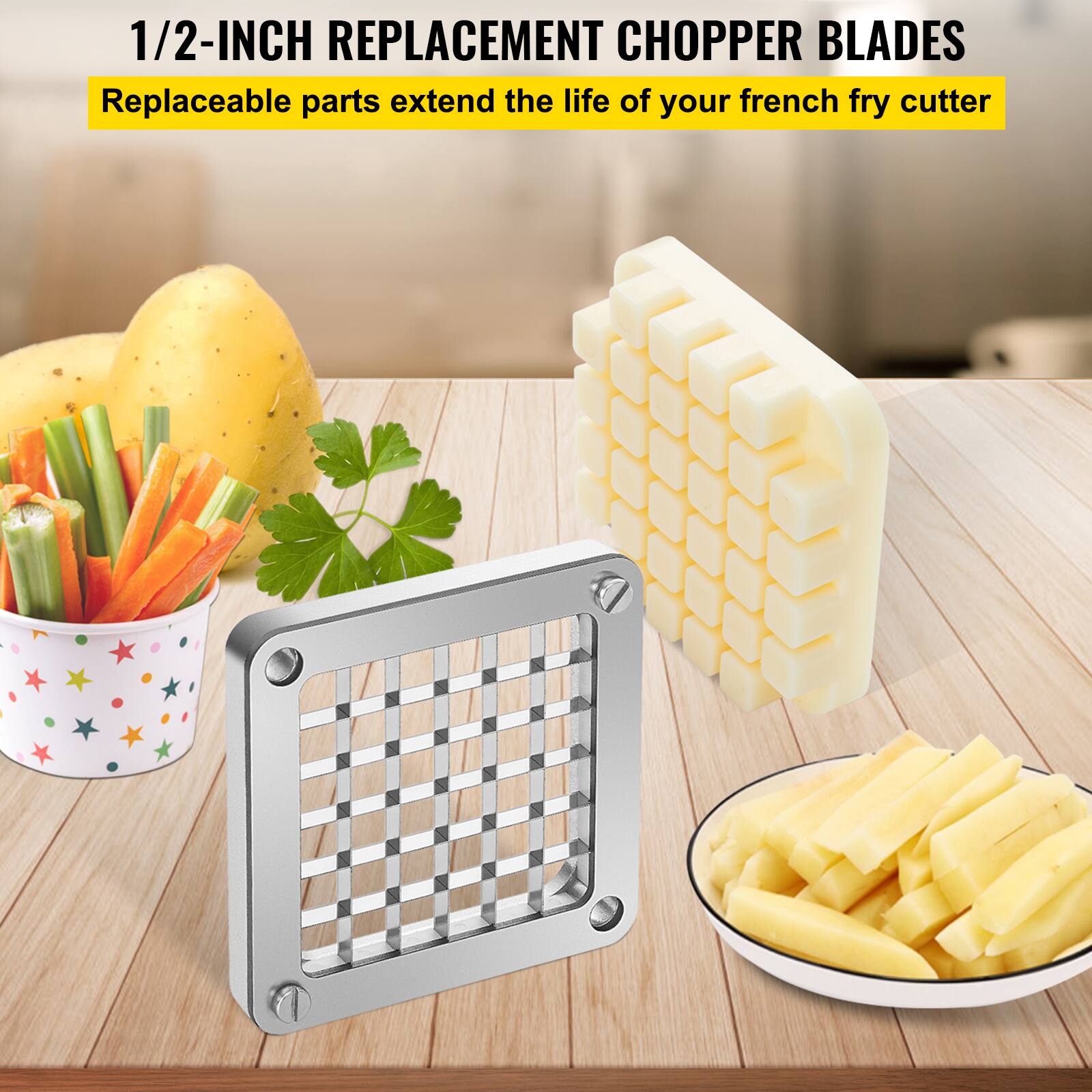 1/2-INCH REPLACEMENT CHOPPER BLADES
Replaceable parts extend the life of your french fry cutter