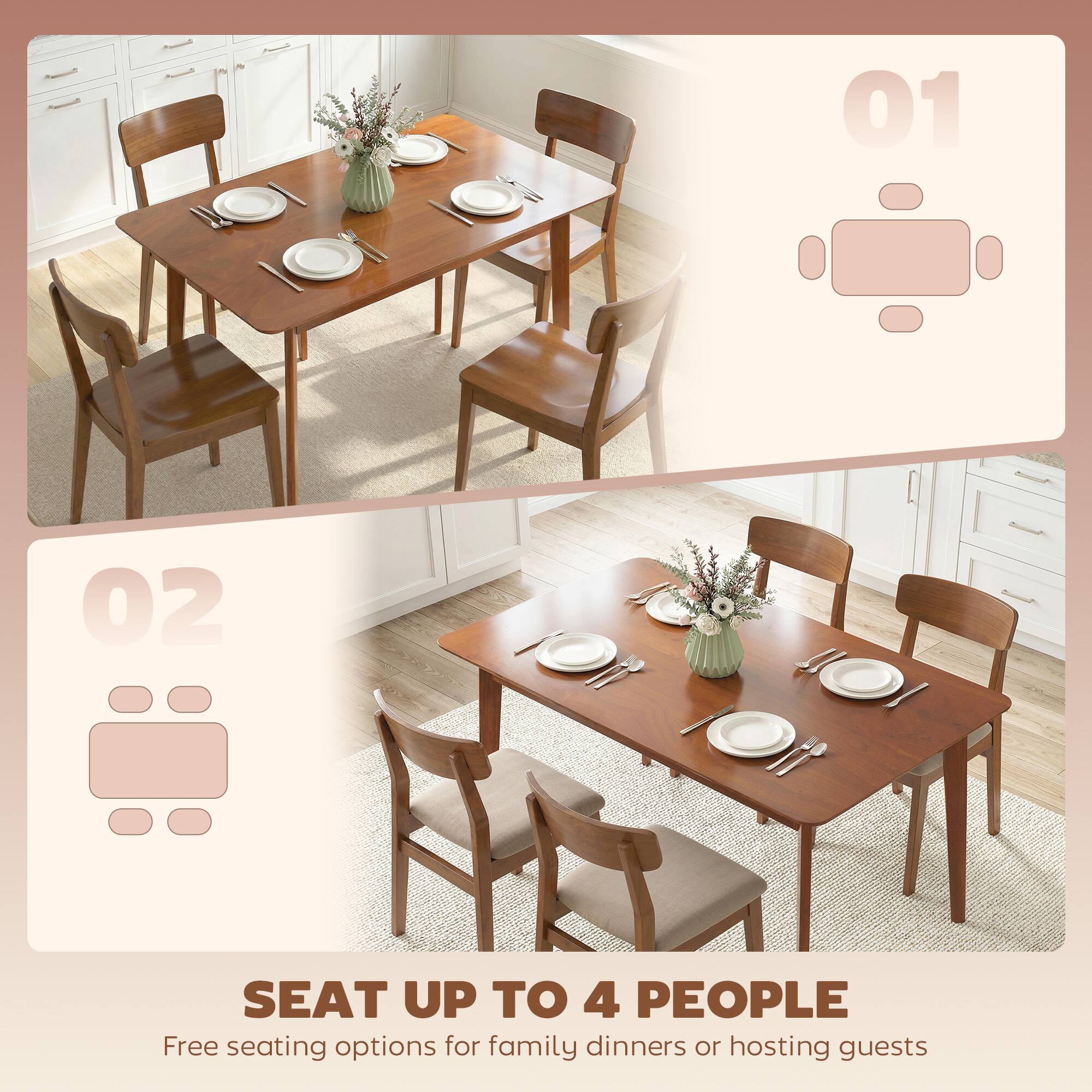 01 SEAT UP TO 4 PEOPLE  
Free seating options for family dinners or hosting guests

02 SEAT UP TO 4 PEOPLE  
Free seating options for family dinners or hosting guests
