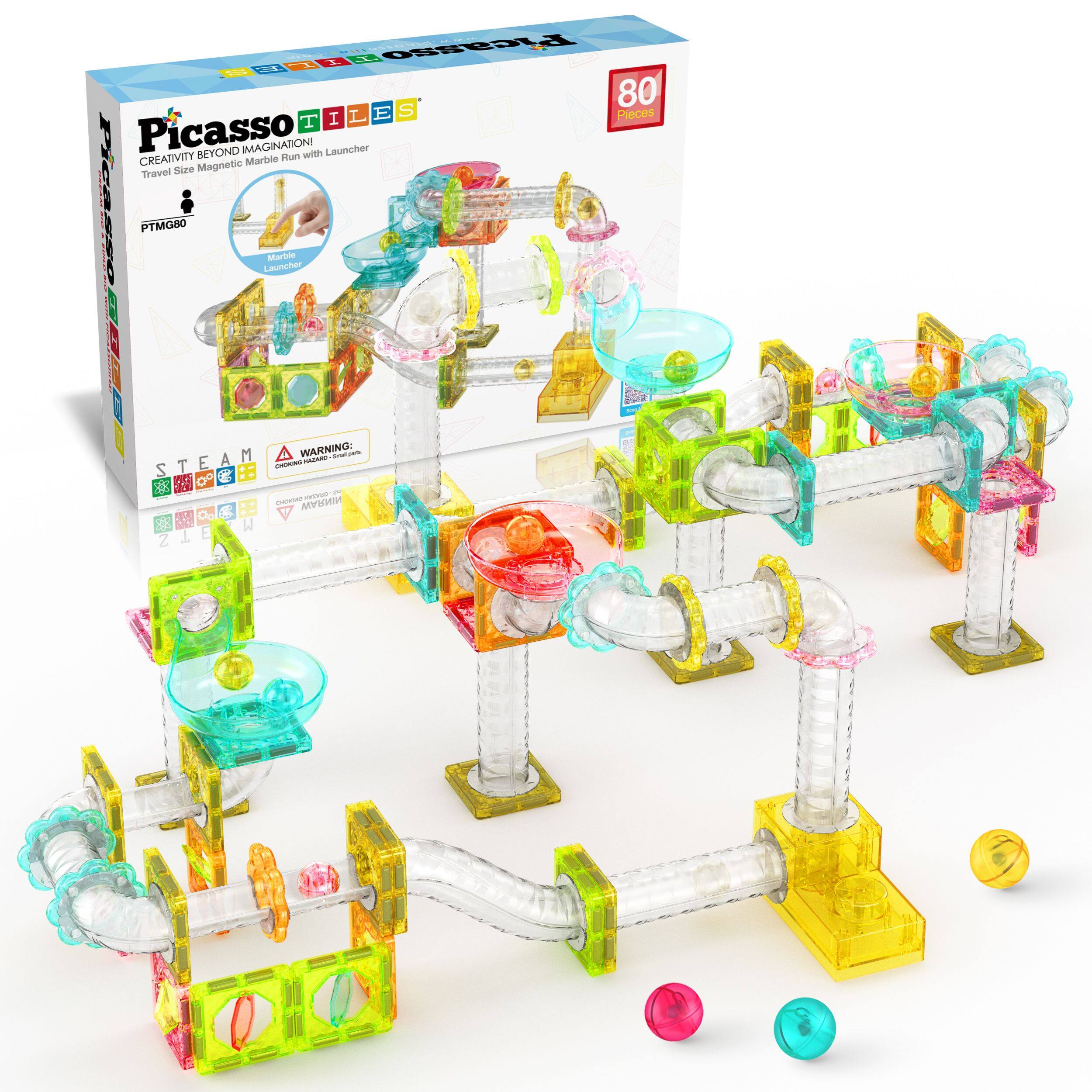PicassoTiles - PICASSO-TILES Marble Run Magnetic Tiles for Kids, 80PCS, Mini Magnet Tiles Race Track Building Blocks STEM Toy - Multicolor