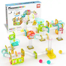 PicassoTiles - PICASSO-TILES Marble Run Magnetic Tiles for Kids, 80PCS, Mini Magnet Tiles Race Track Building Blocks STEM Toy - Multicolor