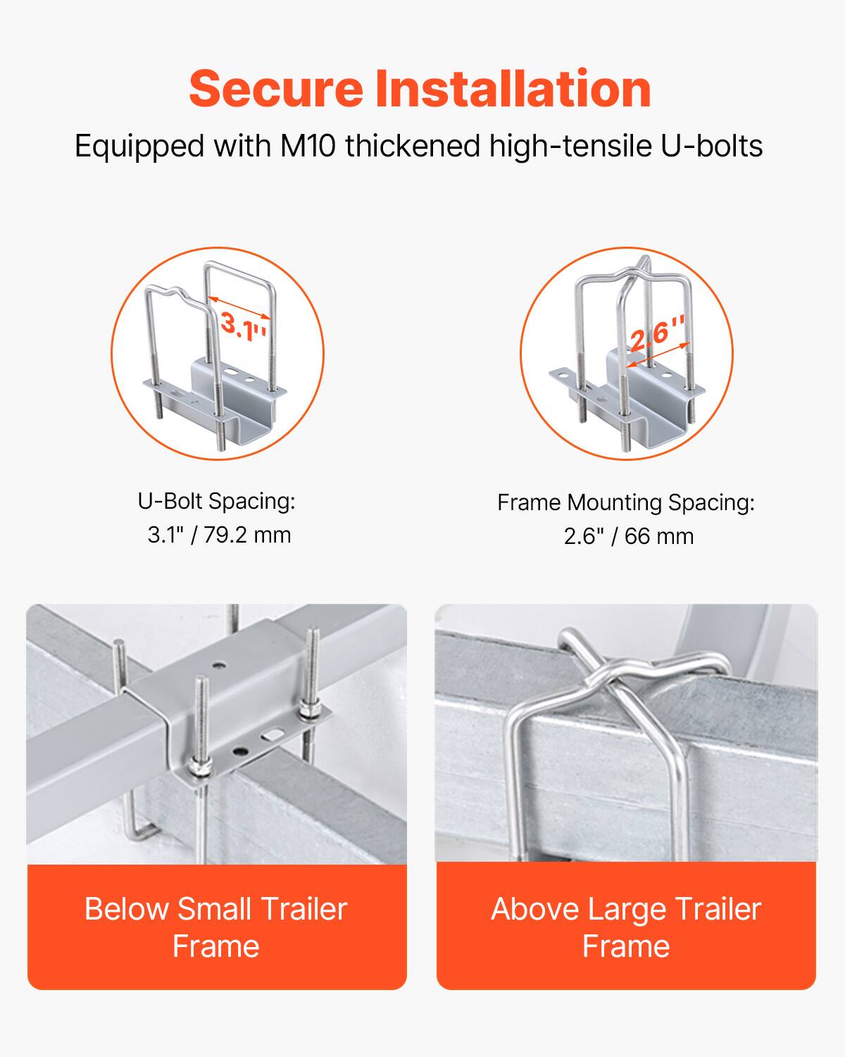 Secure Installation  
Equipped with M10 thickened high-tensile U-bolts  

U-Bolt Spacing:  
3.1" / 79.2 mm  

Frame Mounting Spacing:  
2.6" / 66 mm  

Below Small Trailer Frame  
Above Large Trailer Frame
