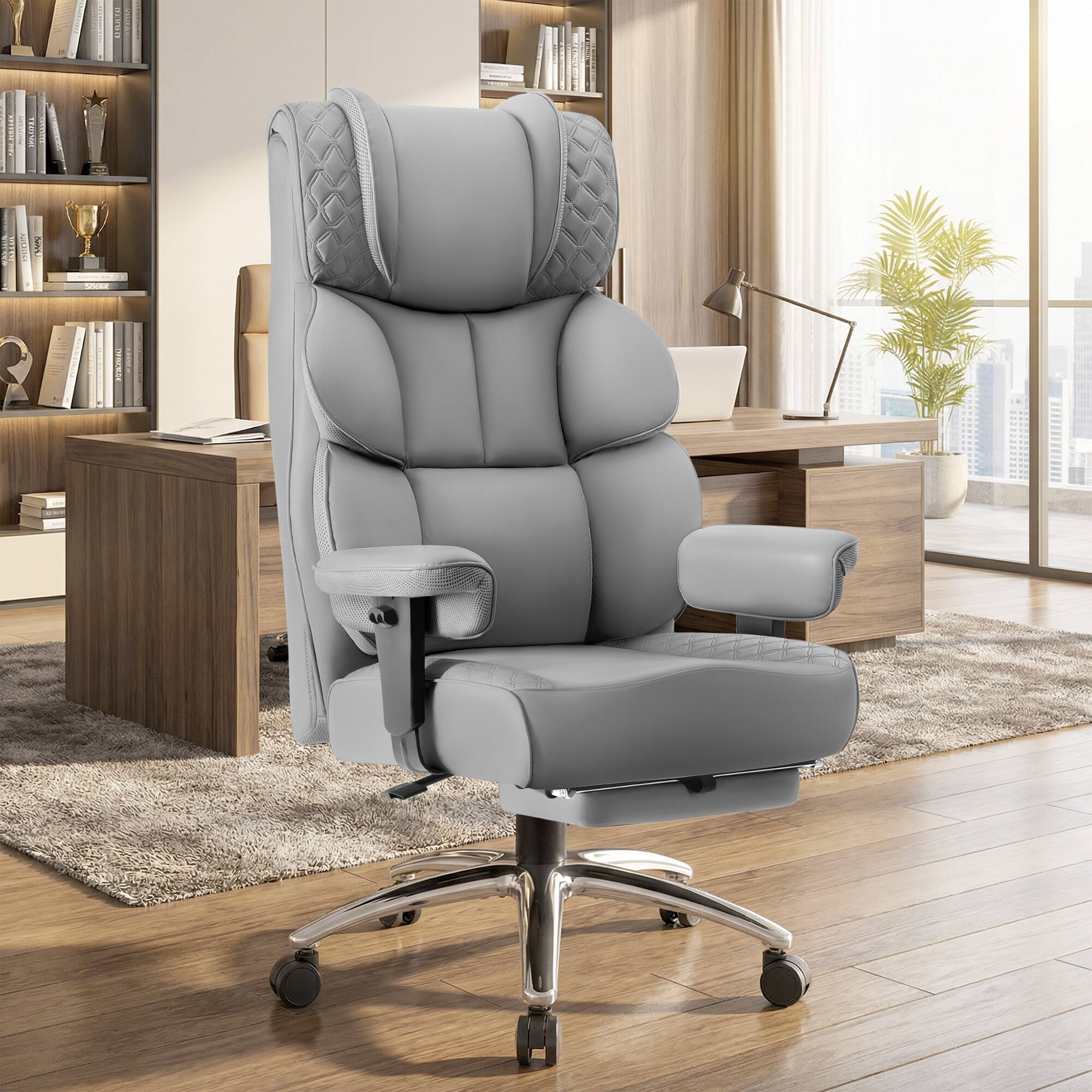 Alt View 4. KERDOM - Ergonomic Big Manager Chair High Back Computer Chair, Reclining Swivel PU Office Leather Chair, Wide Seat Thick Cushion - Grey.