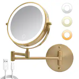 Bestier - 8in Wall Mounted Makeup Mirror 10X/1X Magnifying Mirror w/ Lights Double-Sided and 360° Rotation Extension - Gold