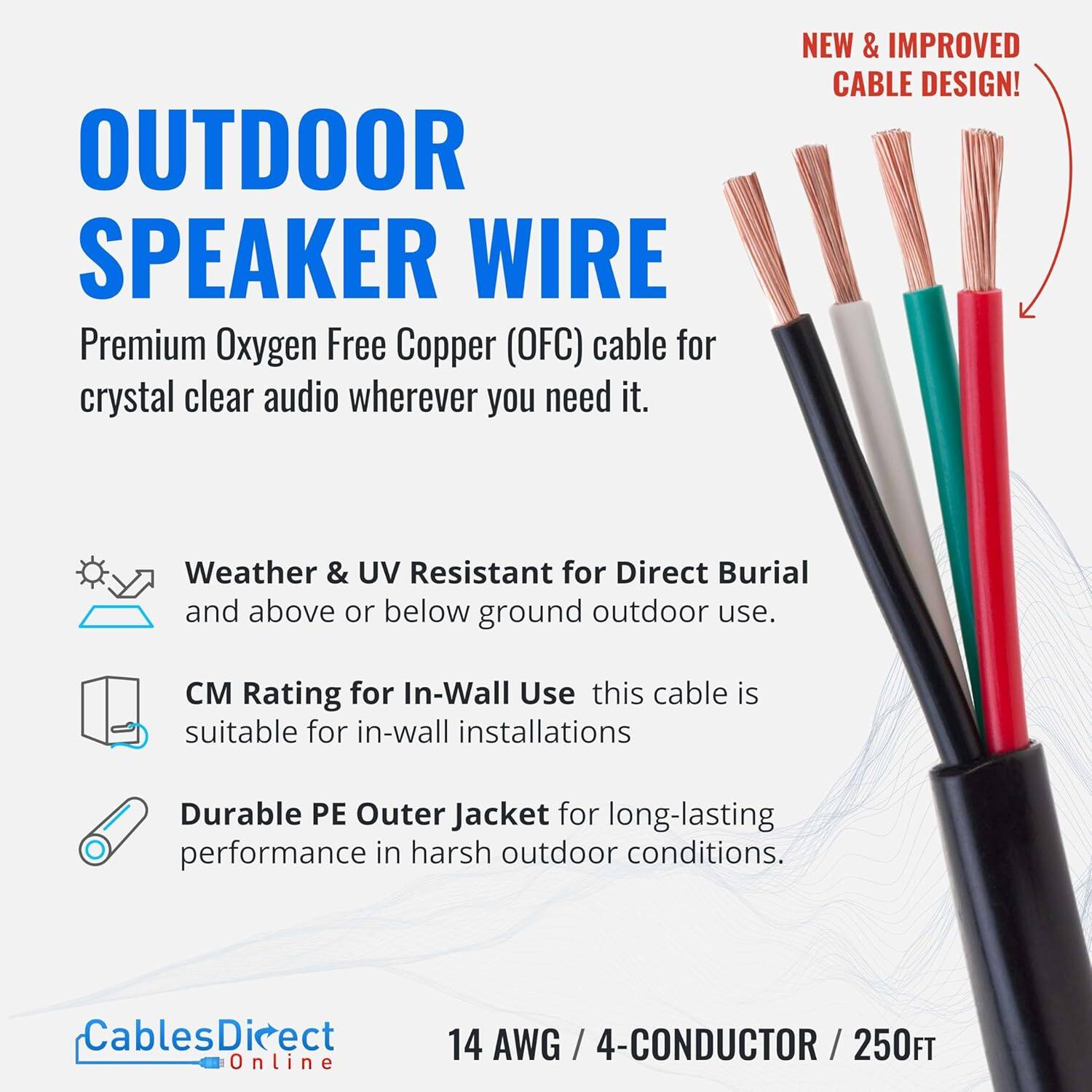 OUTDOOR SPEAKER WIRE

Premium Oxygen Free Copper (OFC) cable for crystal clear audio wherever you need it.

NEW & IMPROVED CABLE DESIGN!

Weather & UV Resistant for Direct Burial and above or below ground outdoor use.

CM Rating for In-Wall Use this cable is suitable for in-wall installations

Durable PE Outer Jacket for long-lasting performance in harsh outdoor conditions.

CablesDirect 14 AWG / 4-CONDUCTOR / 250FT

Online
