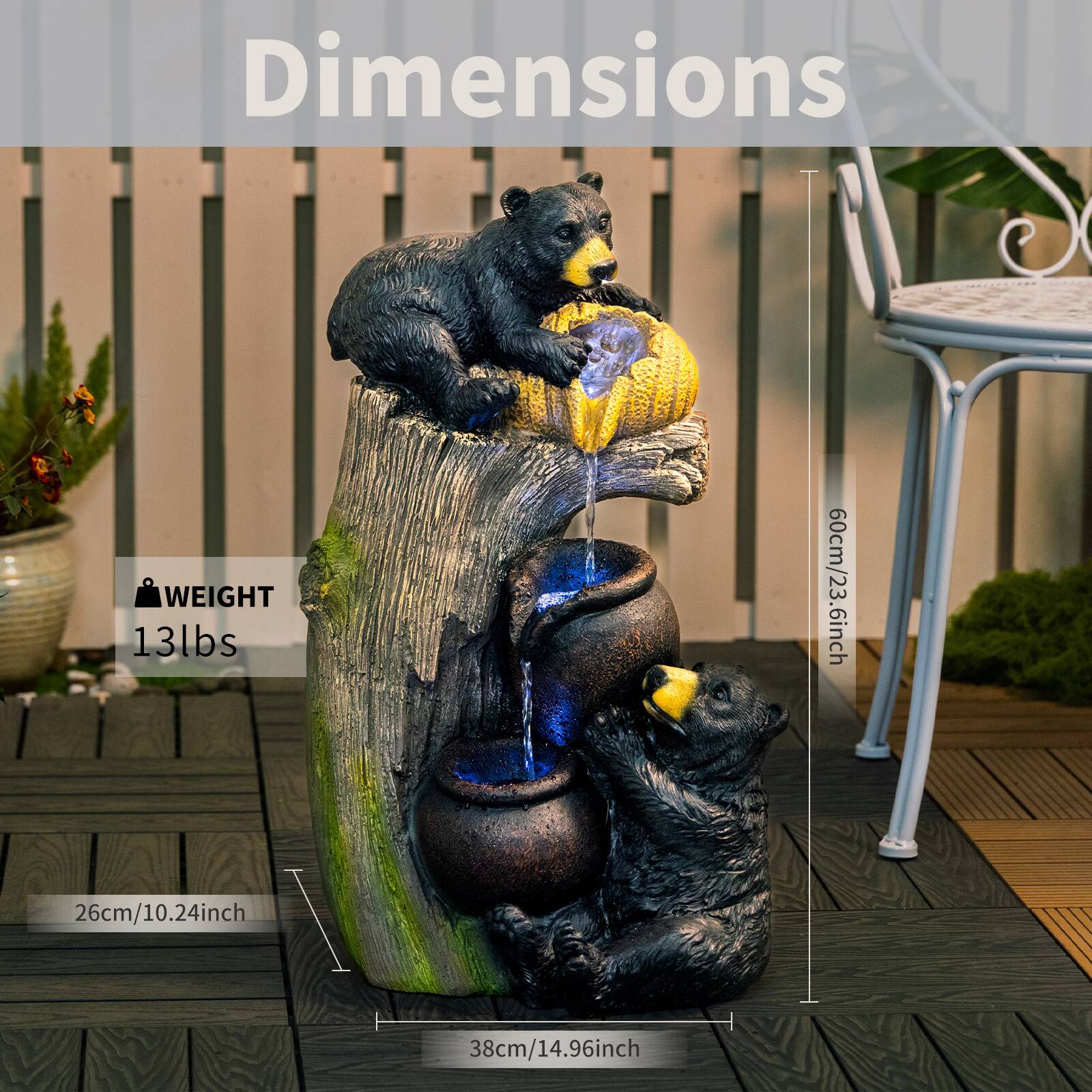Dimensions  
Weight: 13 lbs  
Height: 60 cm / 23.6 inch  
Width: 26 cm / 10.24 inch  
Depth: 38 cm / 14.96 inch
