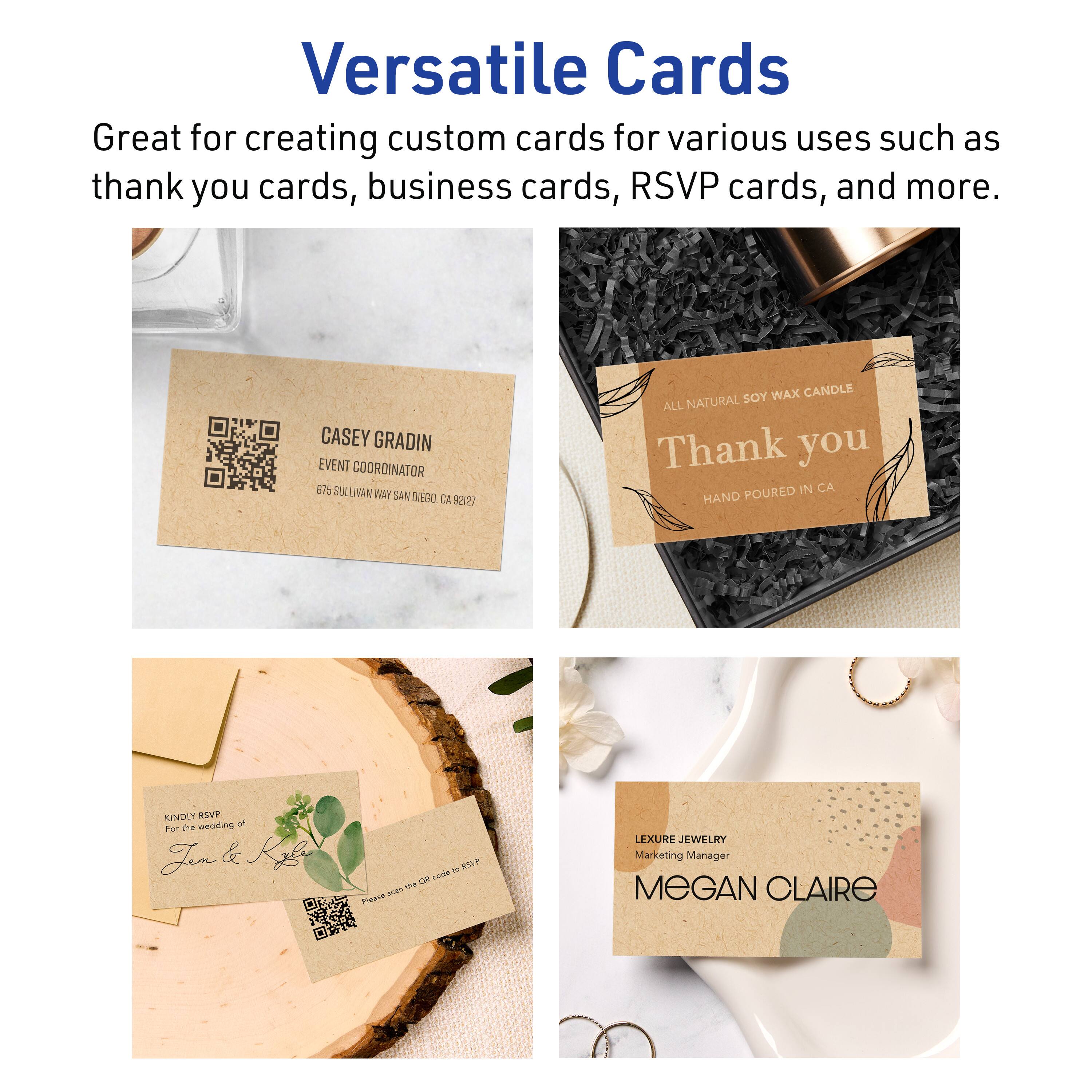 Versatile Cards

Great for creating custom cards for various uses such as thank you cards, business cards, RSVP cards, and more.

CASEY GRADIN  
EVENT COORDINATOR  
575 SULLIVAN WAY SAN DIEGO, CA 92127

ALL NATURAL SOY WAX CANDLE  
Thank you  
HAND POURED IN CA

KINDLY RSVP  
For the wedding of  
Jem & Kgl  
Please scan the QR code to RSVP

LEXURE JEWELRY  
Marketing Manager  
MEGAN CLAIRE