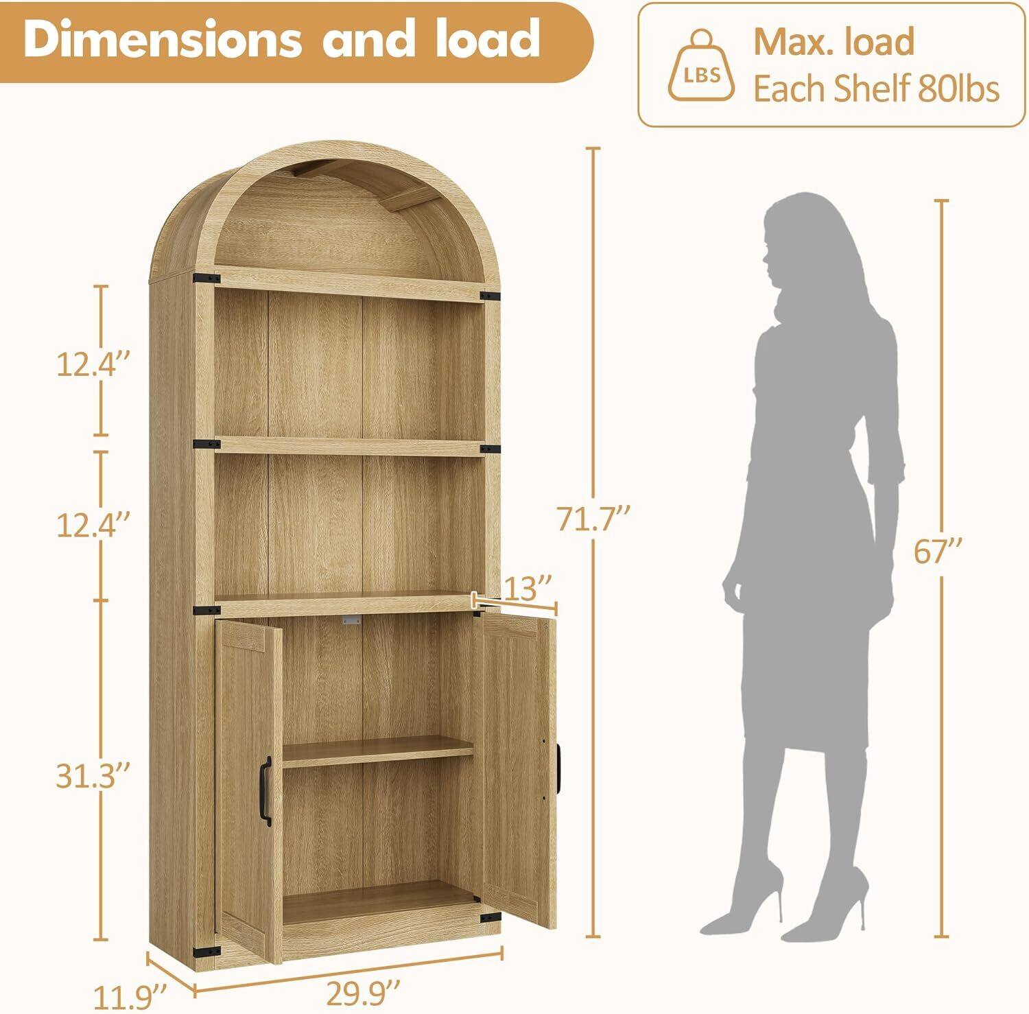 Dimensions and load  
Max. load Each Shelf 80lbs  
12.4"  
12.4"  
71.7"  
13"  
67"  
31.3"  
11.9"  
29.9"