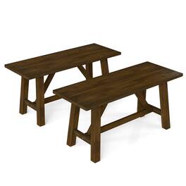 Costway - 2 PCS Dining Bench Farmhouse Shoe Bench Entryway Seat with Rubber Wood Frame - Brown
