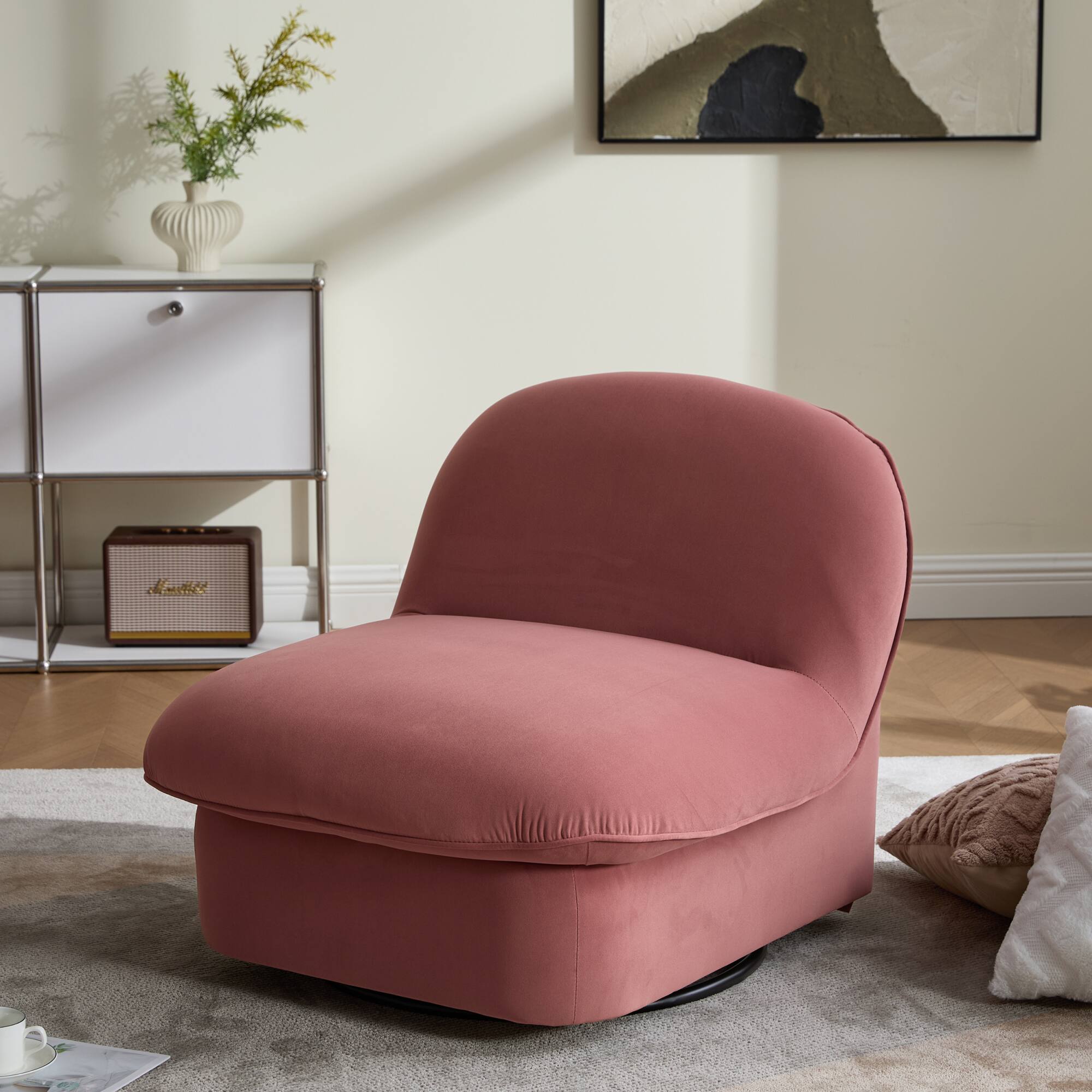Alt View 2. GOODSILO - Pumpkin-Shaped Velvet Swivel Accent Chair with 360-Degree Rotation for Living Room, Bedroom, or Office - Coral.