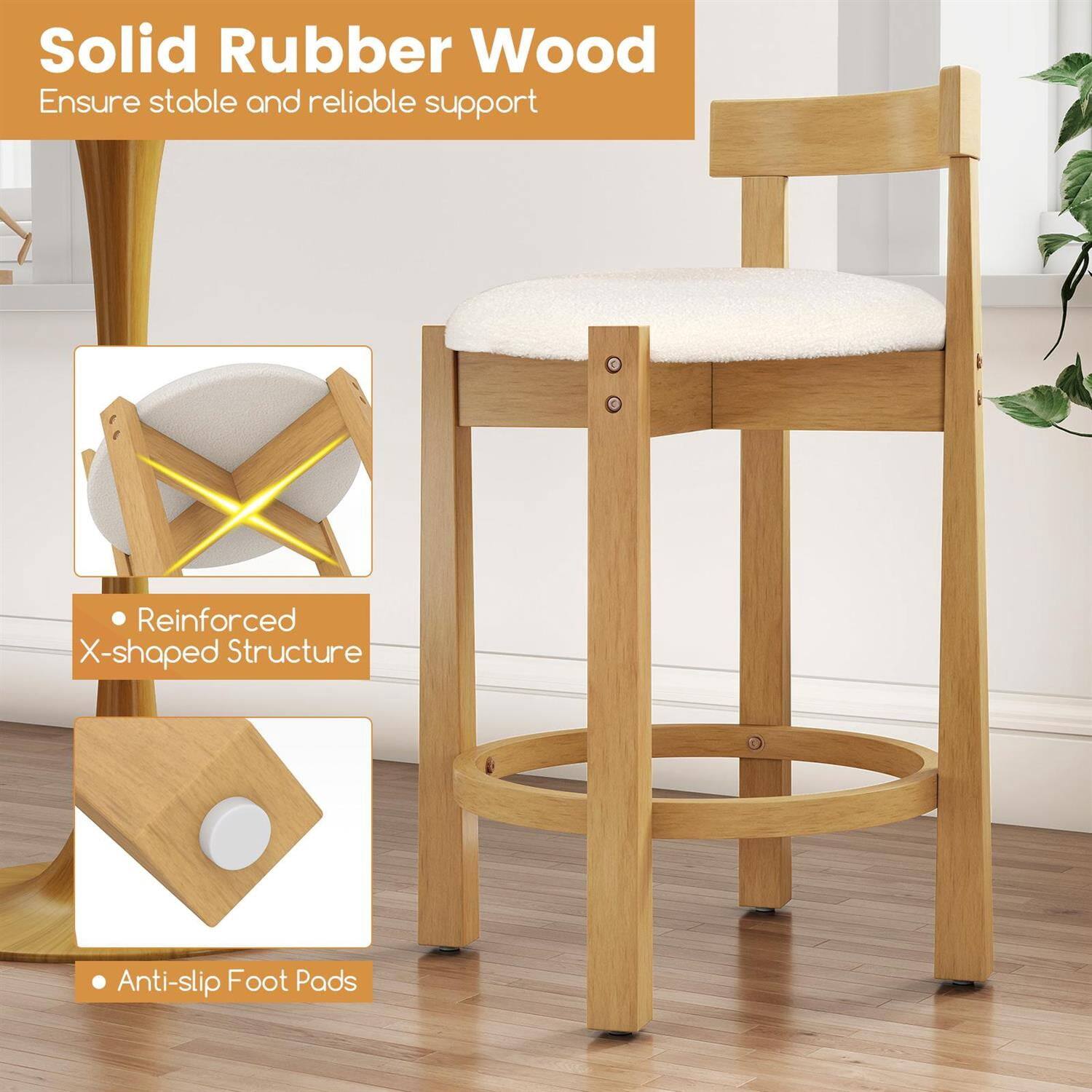 Solid Rubber Wood  
Ensure stable and reliable support  

- Reinforced X-shaped Structure  
- Anti-slip Foot Pads