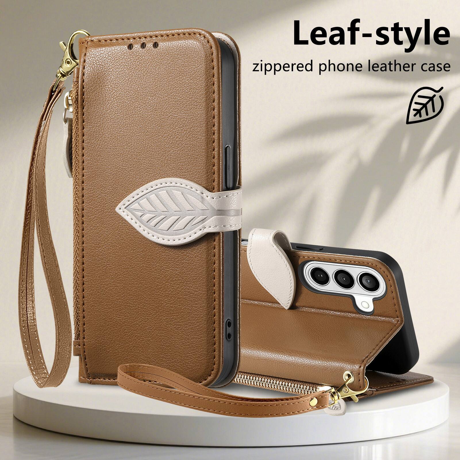 Leaf-style zippered phone leather case