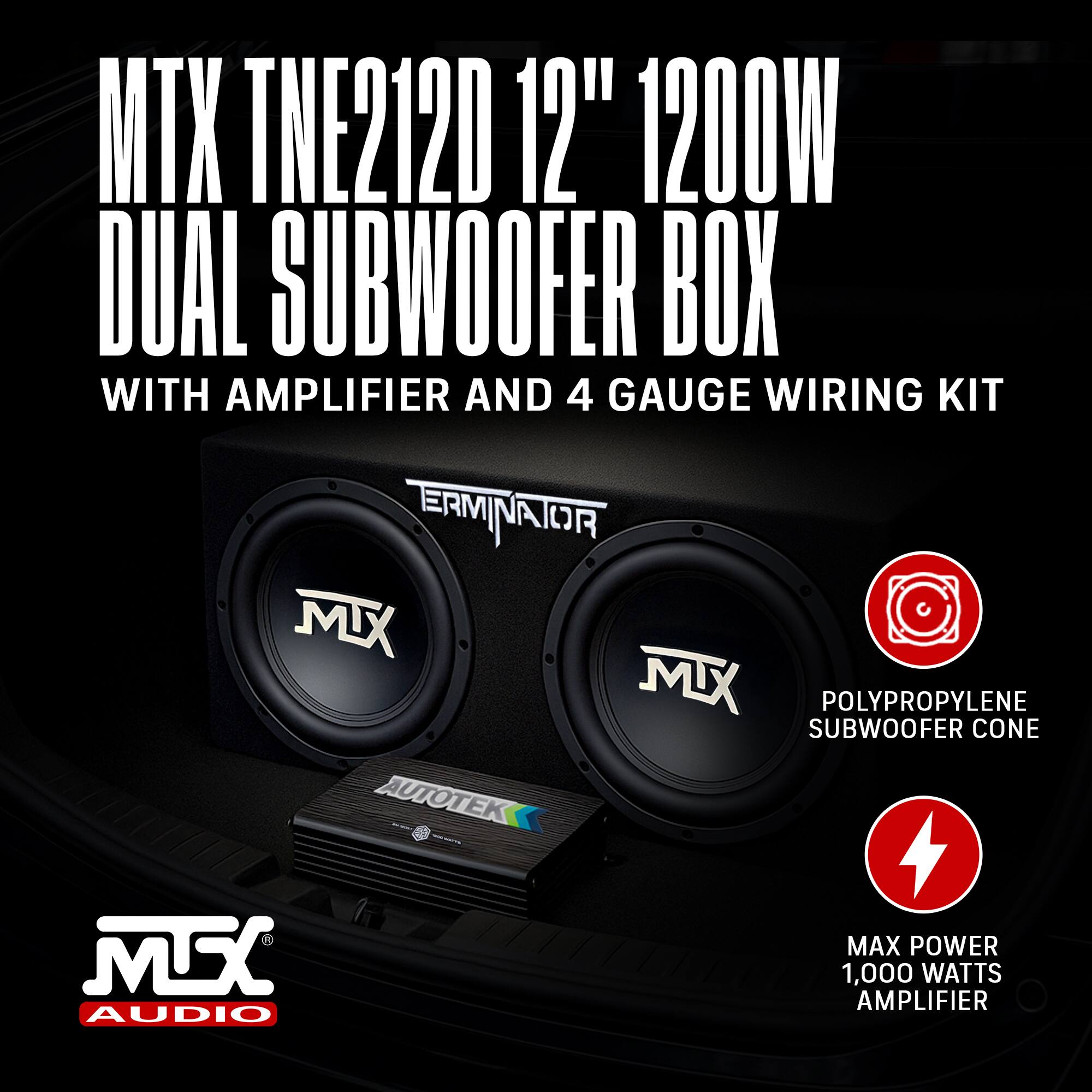 MTX TNE212D 12" 1200W DUAL SUBWOOFER BOX WITH AMPLIFIER AND 4 GAUGE WIRING KIT

- POLYPROPYLENE SUBWOOFER CONE
- MAX POWER 1,000 WATTS AMPLIFIER