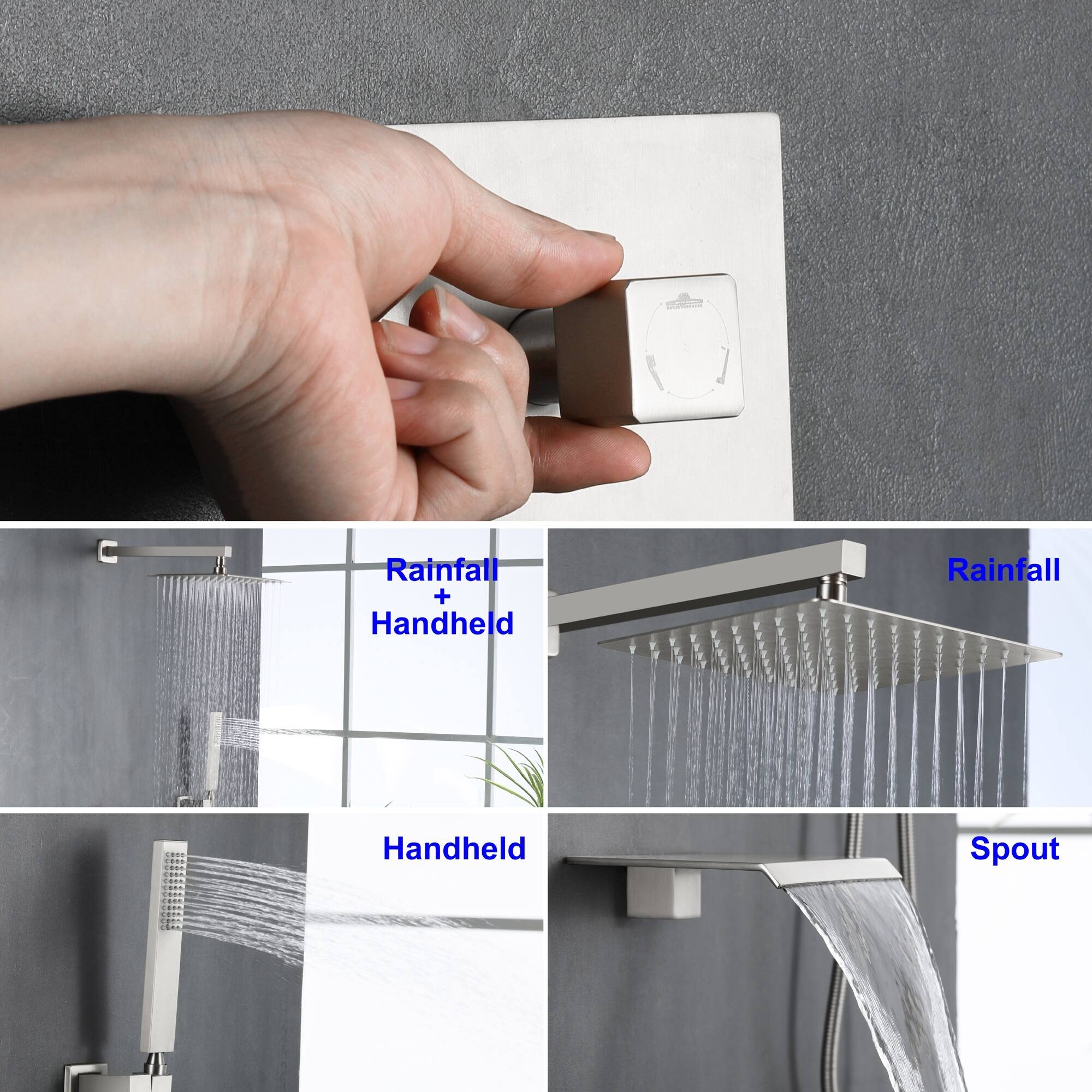 - Rainfall + Handheld
- Handheld
- Rainfall
- Spout