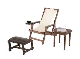 Jiallo - Romantic Collection Canvas Sling Chair with Cup and Wine Holder and Ottoman (Set of 3) - Dark Brown Color with Beige Fabric