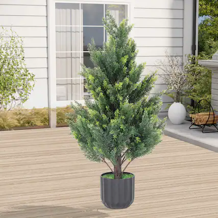 Front. Oumilen - 2 Pack Artificial Cypress Tree, Detachable Fake Evergreen Potted Cedar Shrub for Indoor Outdoor Decor - Green.