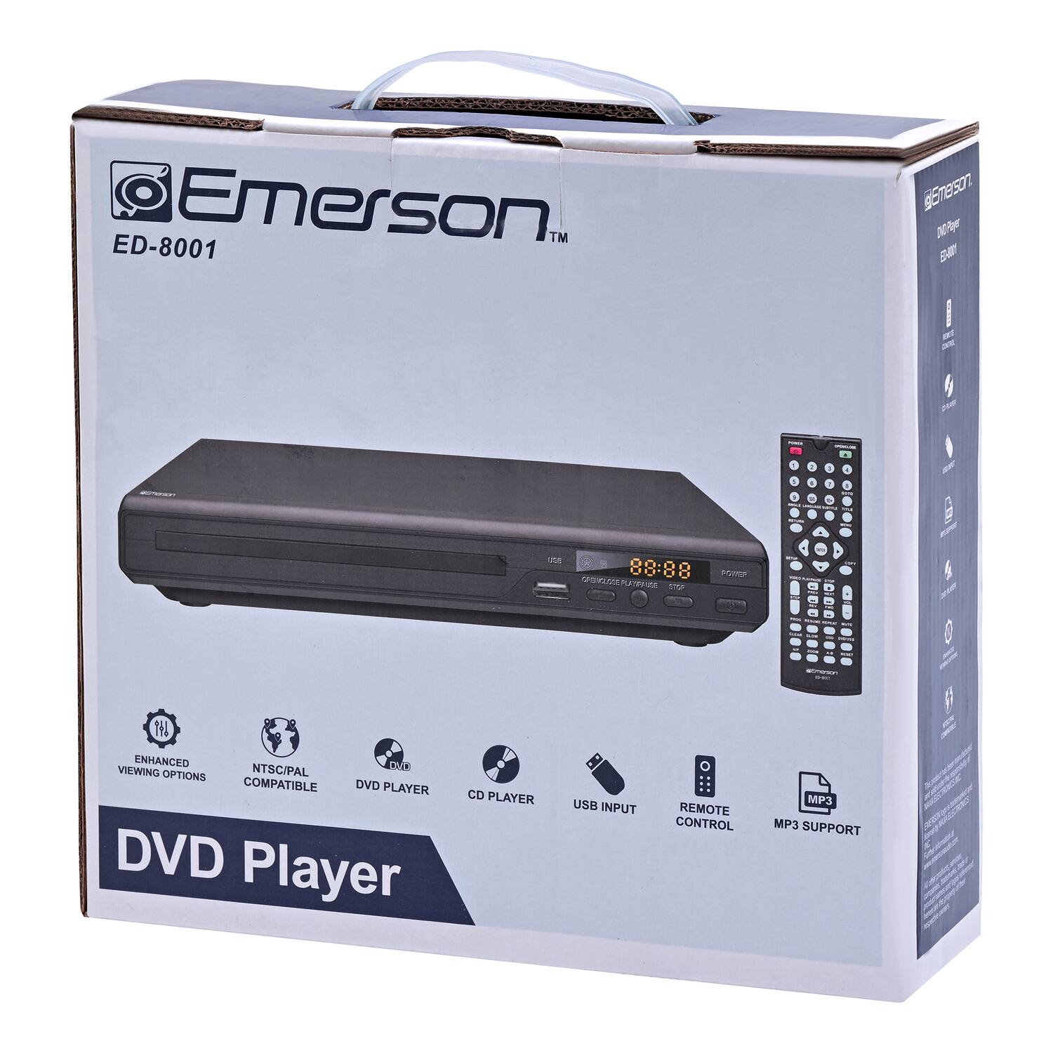 ED-8001 Emerson TM  
Enhanced Viewing Options  
NTSC/PAL Compatible  
DVD Player  
CD Player  
USB Input  
Remote Control  
MP3 Support