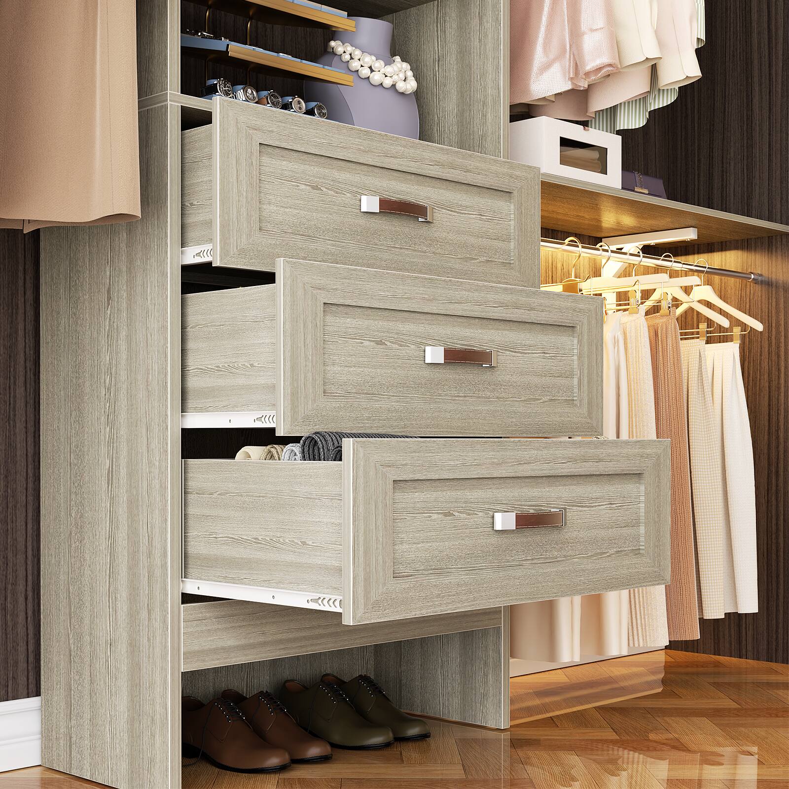 Alt View 2. Aheaplus - 96" Wooden Closet System: 3 Curved Drawers + 3 Hanging Rods and Shelves. Adjustable Walk-in Organizer - White Oak.