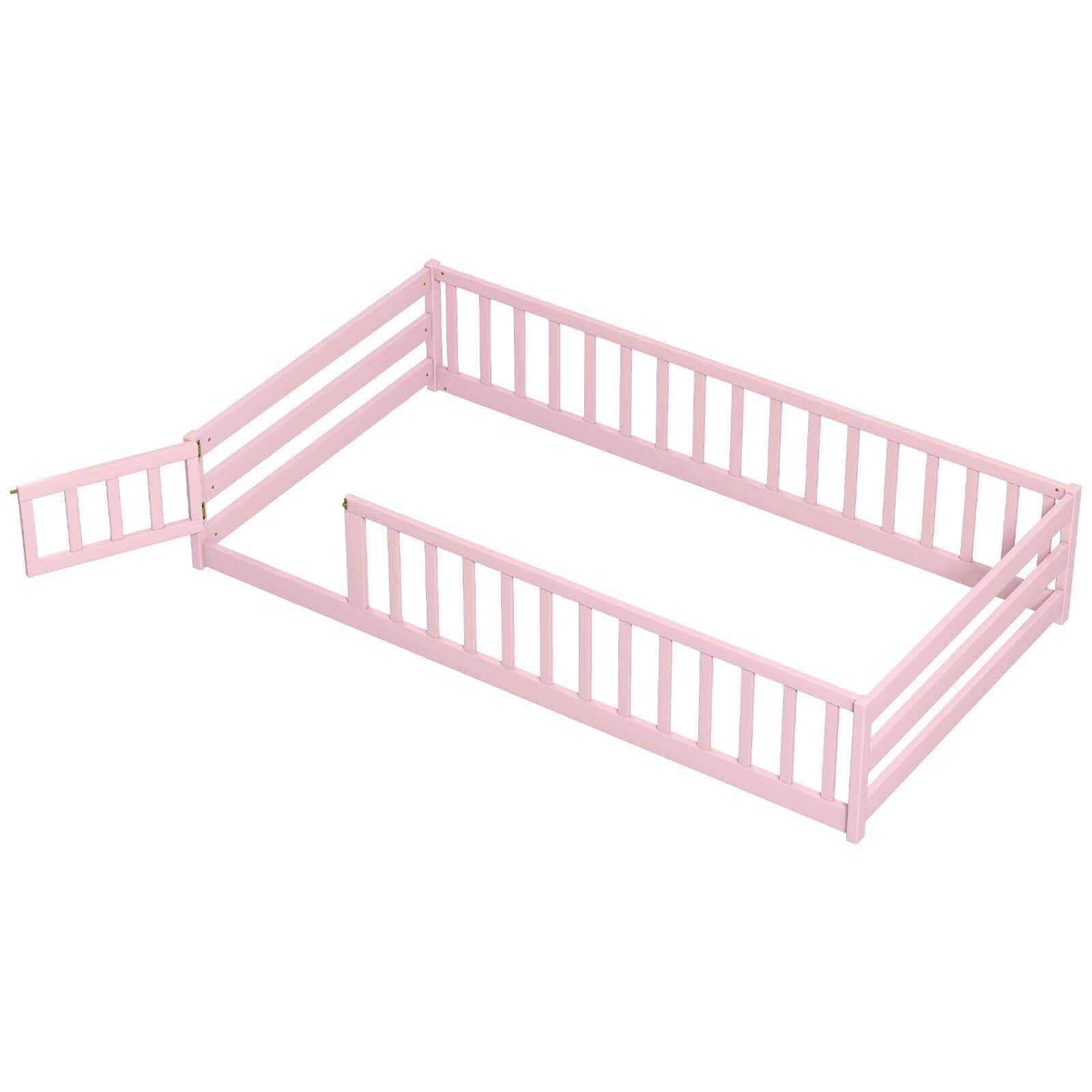 Costway - Twin Size Wooden Floor Bed with Full Length Safety Guardrails Door & Latch - Pink price history on PriceWatchPro