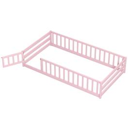 Costway - Twin Size Wooden Floor Bed with Full Length Safety Guardrails Door & Latch - Pink