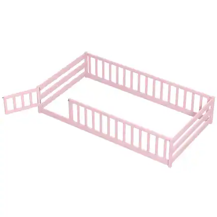 Front. Costway - Costway Twin Size Wooden Floor Bed with Full Length Safety Guardrails Door & Latch - Pink.