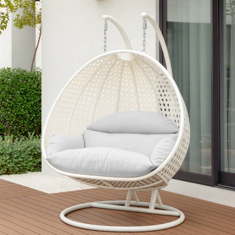 Angle. LeisureMod - Leisuremod Modern 2-Person Outdoor Egg Swing White Wicker Chair with Stand, Plush Washable Cushions & Waterproof Cover - White.